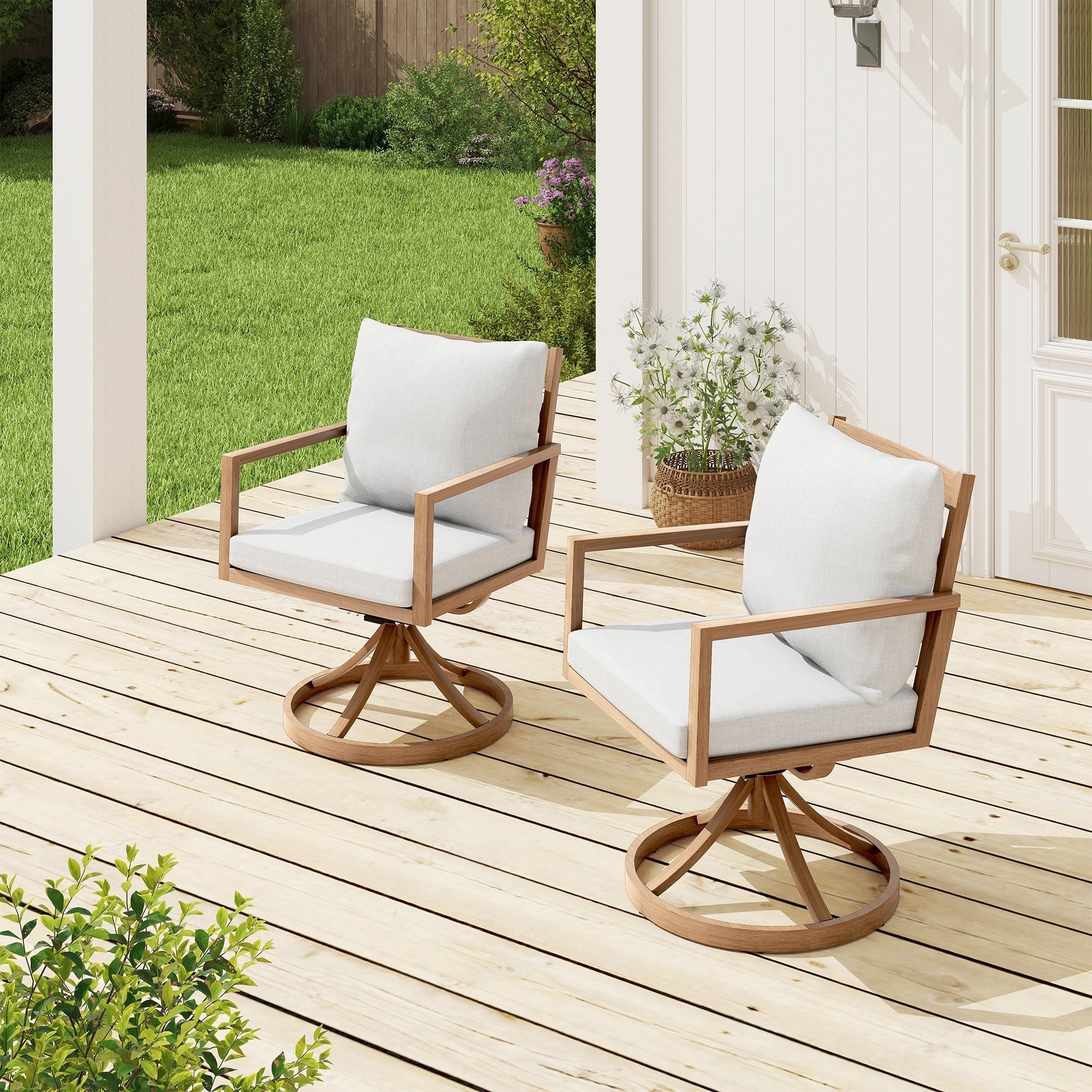 Riviera 2 Piece Aluminum Patio Swivel Chairs With Light Gray Cushions