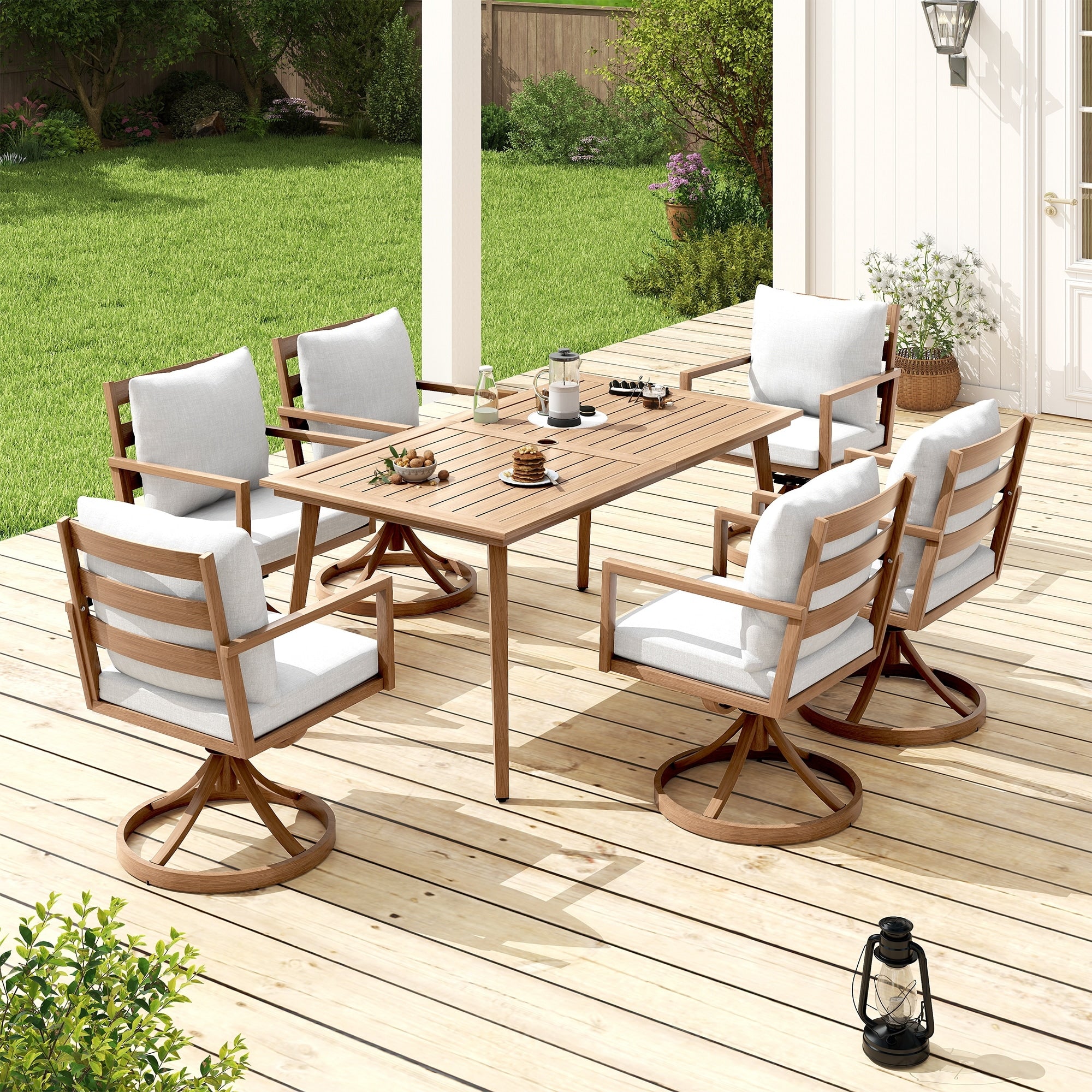 Riviera 7 Piece Brown Aluminum Patio Dining Set With Rectangular Table 6 Swivel Dining Chairs And Light Gray Cushions