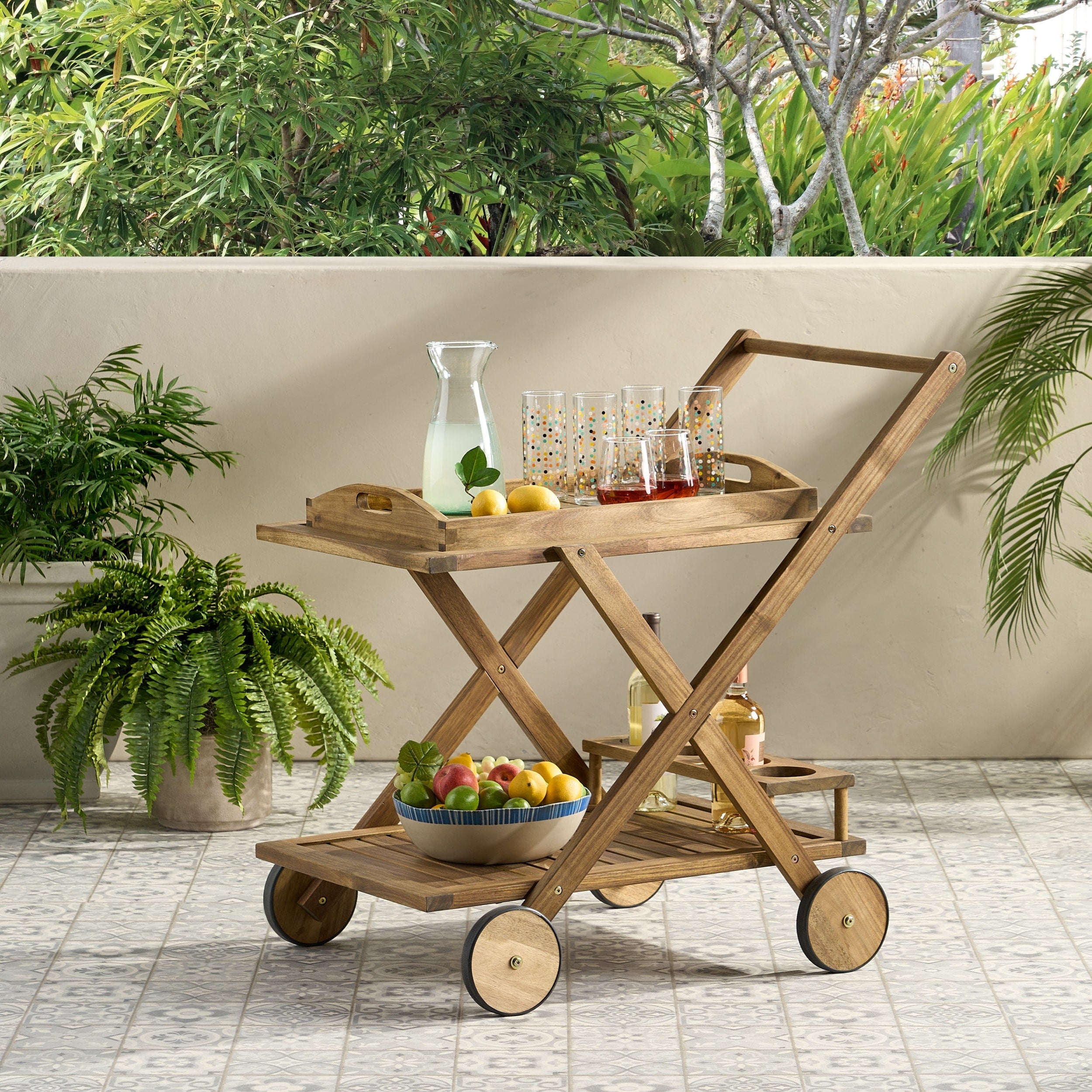 Riviera Outdoor Acacia Wood Bar Cart With Tray By Christopher Knight Home