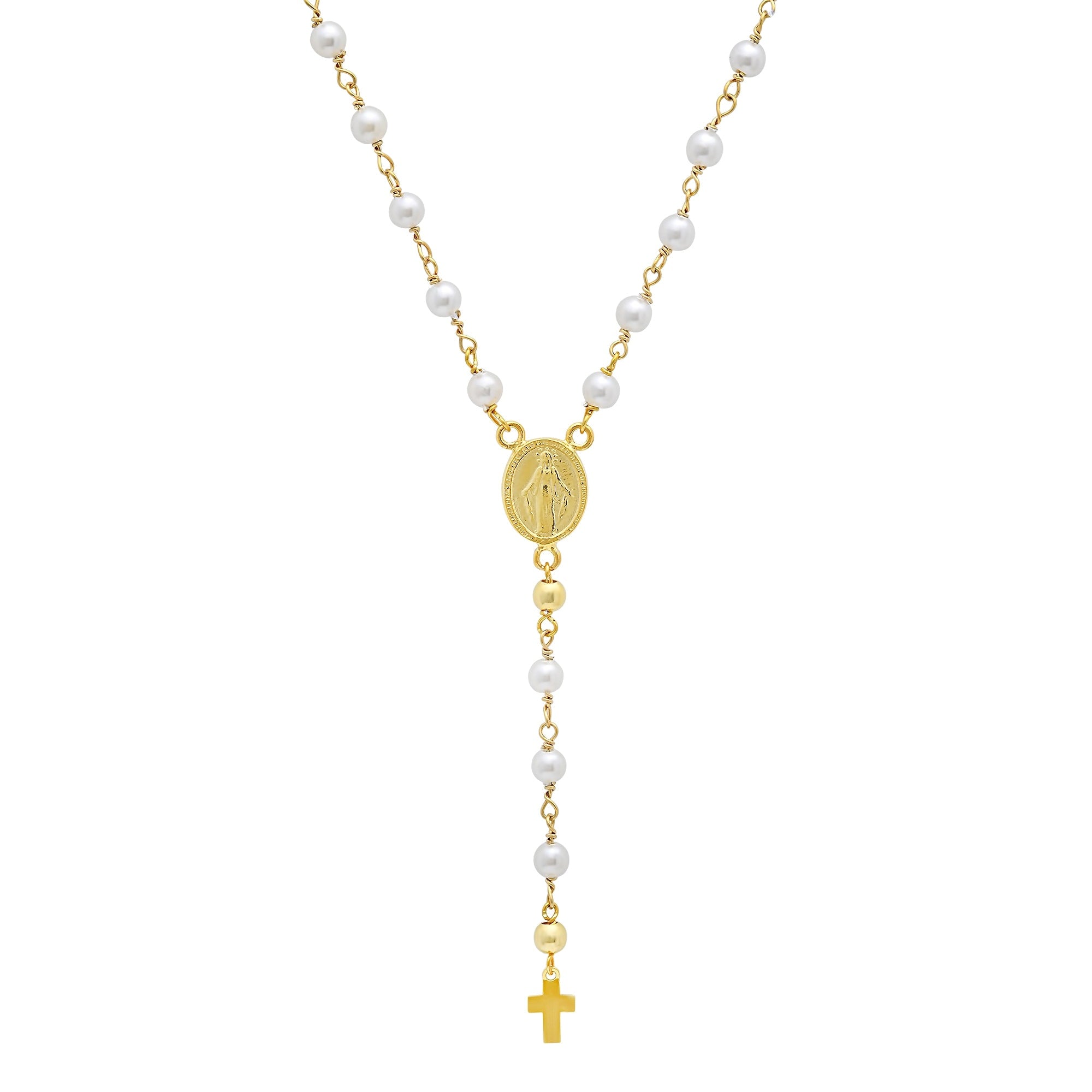 Roberto Martinez Sterling Silver Gold Plated Freshwater Pearl Rosary Necklace 17 Inch
