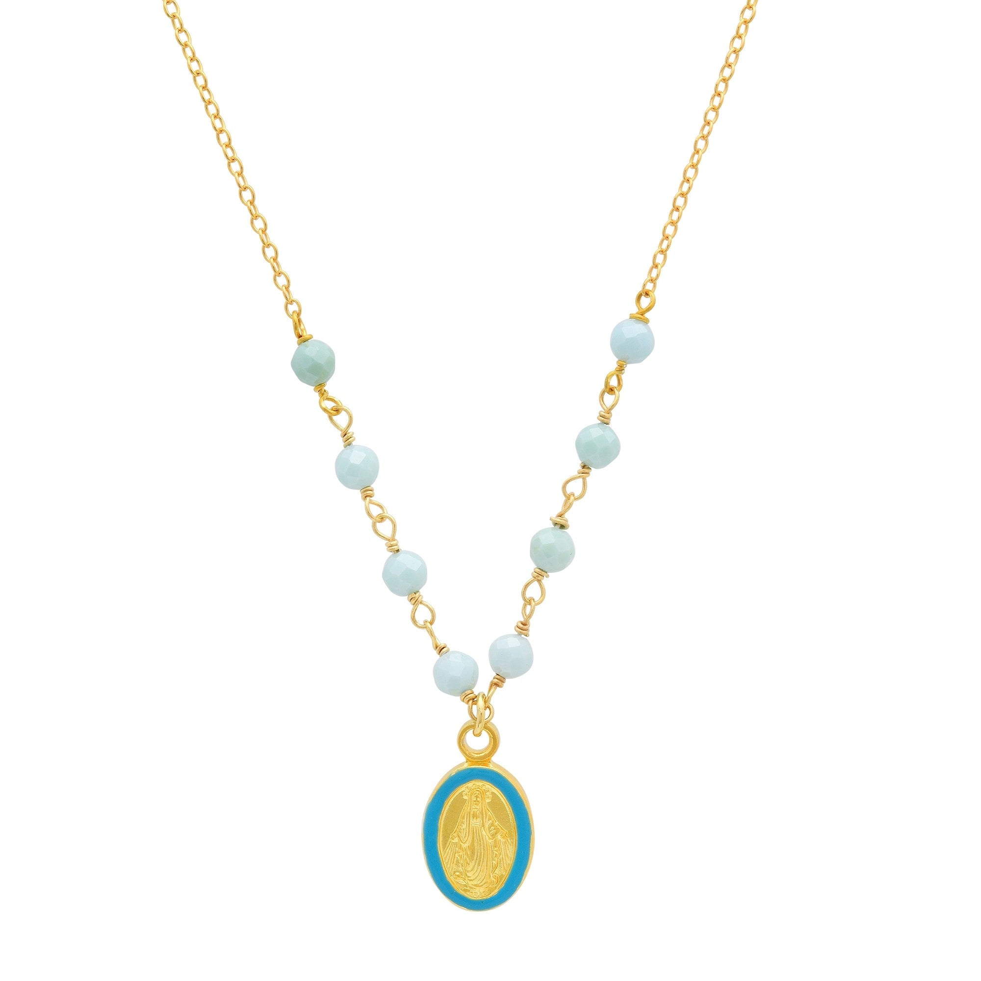 Roberto Martinez Sterling Silver Yellow Gold Plated Crystal Bead Turquoise Enamel Mary Necklace