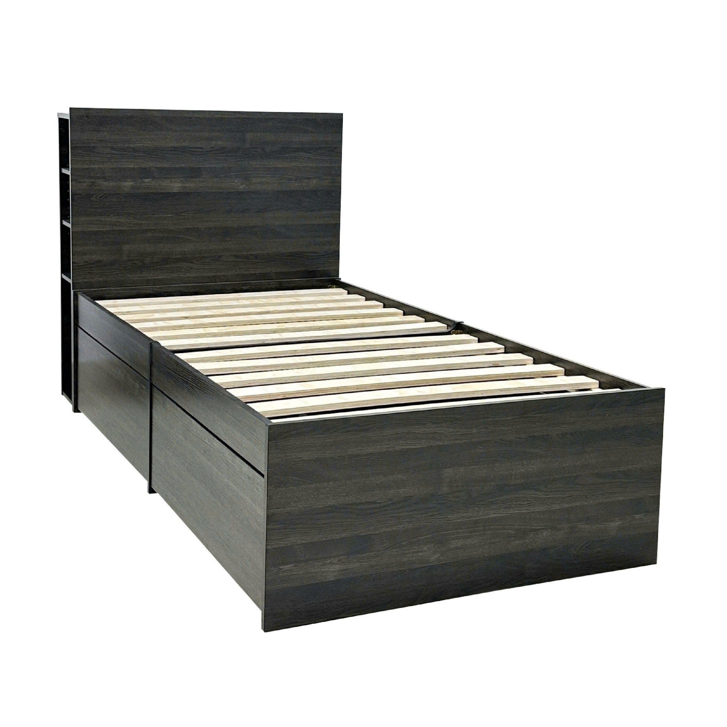 Roby Twin Bed W 4 Storage Drawers Adjustable Headboard Shelves Dark Gray