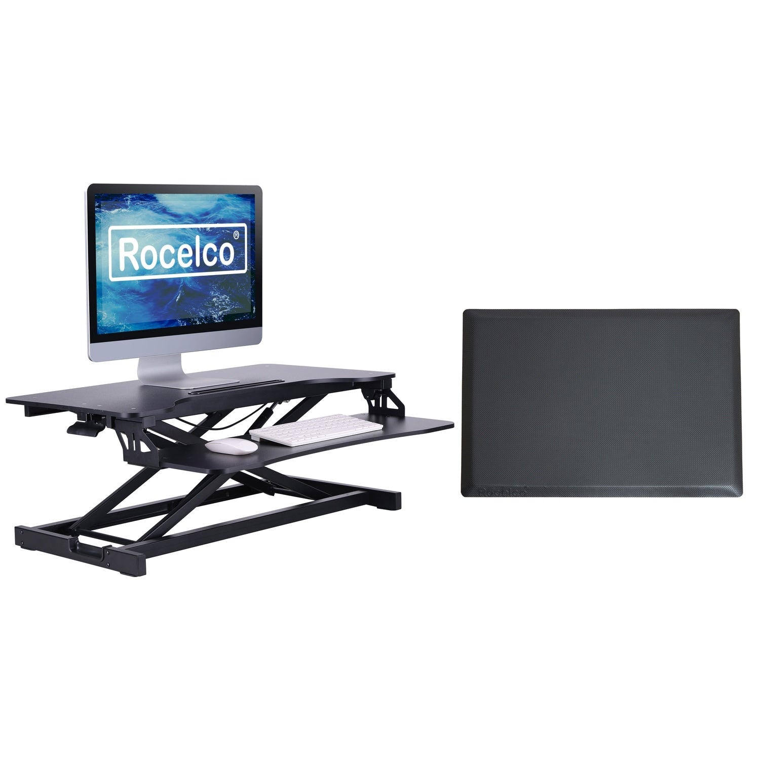 Rocelco 31.5 In. W Black Standing Desk Converter With Floor Mat Dual Monitor Riser And Deep Keyboard Tray Platform