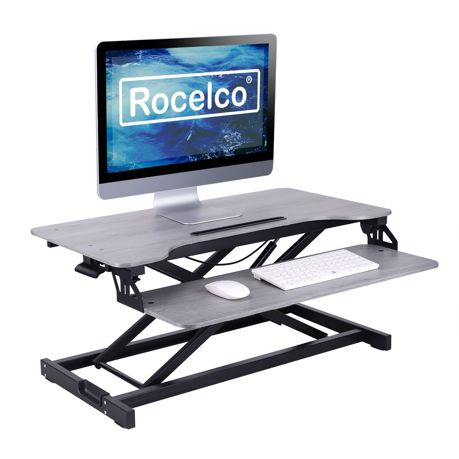 Rocelco 31.5 In. W Gray Standing Desk Converter Dual Monitor Riser With Tablet Mount And Deep Keyboard Tray For Laptop Setup