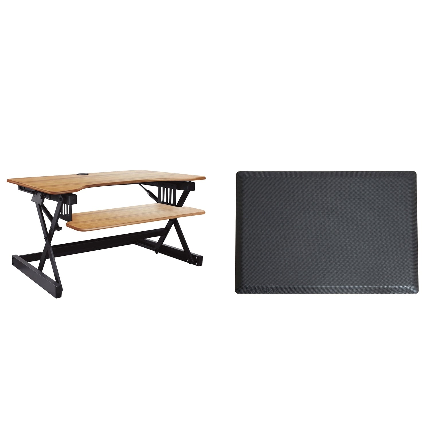 Rocelco 32 In. W Beige Height Adjustable Standing Desk Converter With Anti Fatigue Mat And Dual Monitor Riser Platform