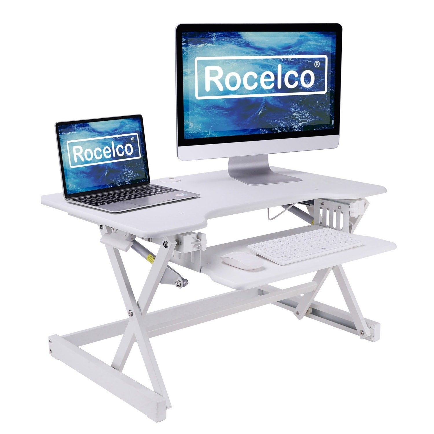 Rocelco 32 In. W White Height Adjustable Standing Desk Converter Dual Monitor Riser With Gas Spring Assist Mechanism