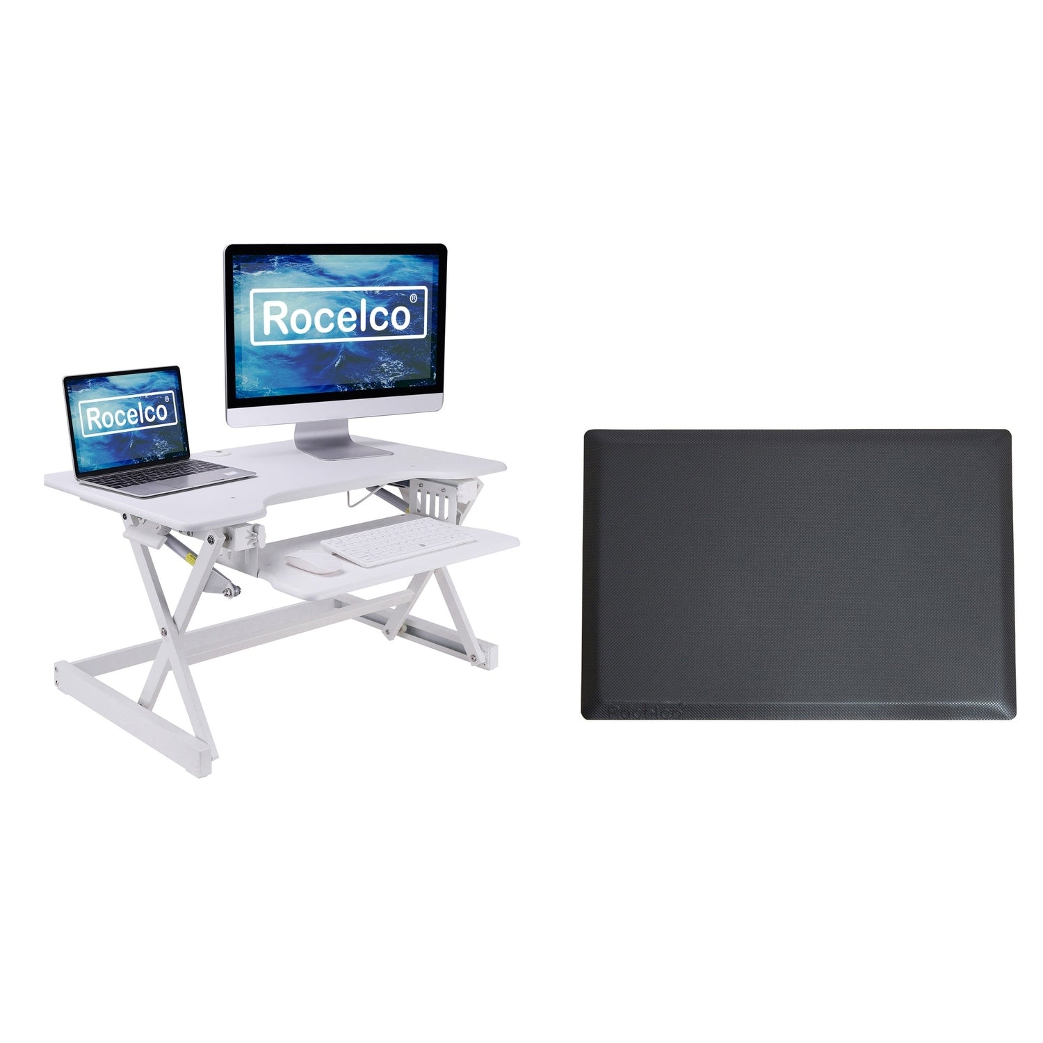 Rocelco 32 In. W White Height Adjustable Standing Desk Converter With Anti Fatigue Mat Dual Monitor And Gas Spring Tray System