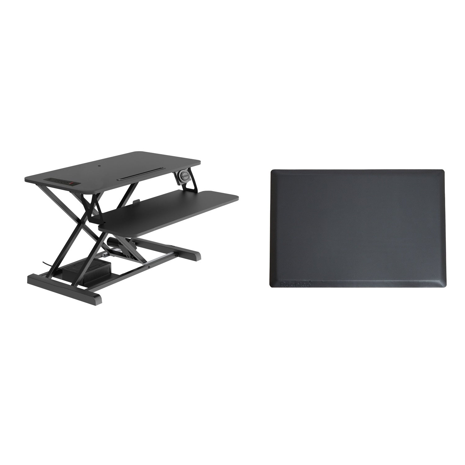 Rocelco 37.4 In. W Black Electric Standing Desk Converter With Anti Fatigue Floor Mat Ac Usb Charger And Tray Platform