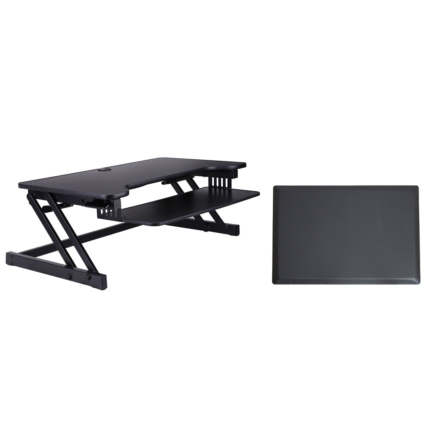 Rocelco 37.5 In. W Black Height Adjustable Standing Desk Converter With Anti Fatigue Mat And Dual Monitor Riser Platform
