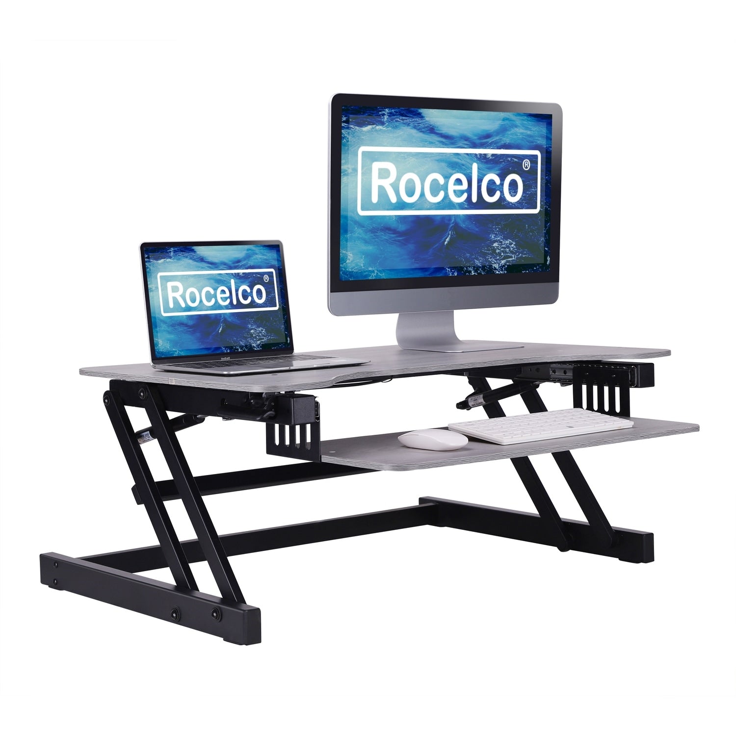 Rocelco 37.5 In. W Gray Height Adjustable Standing Desk Converter Keyboard Tray Double Monitor Riser Computer Workstation