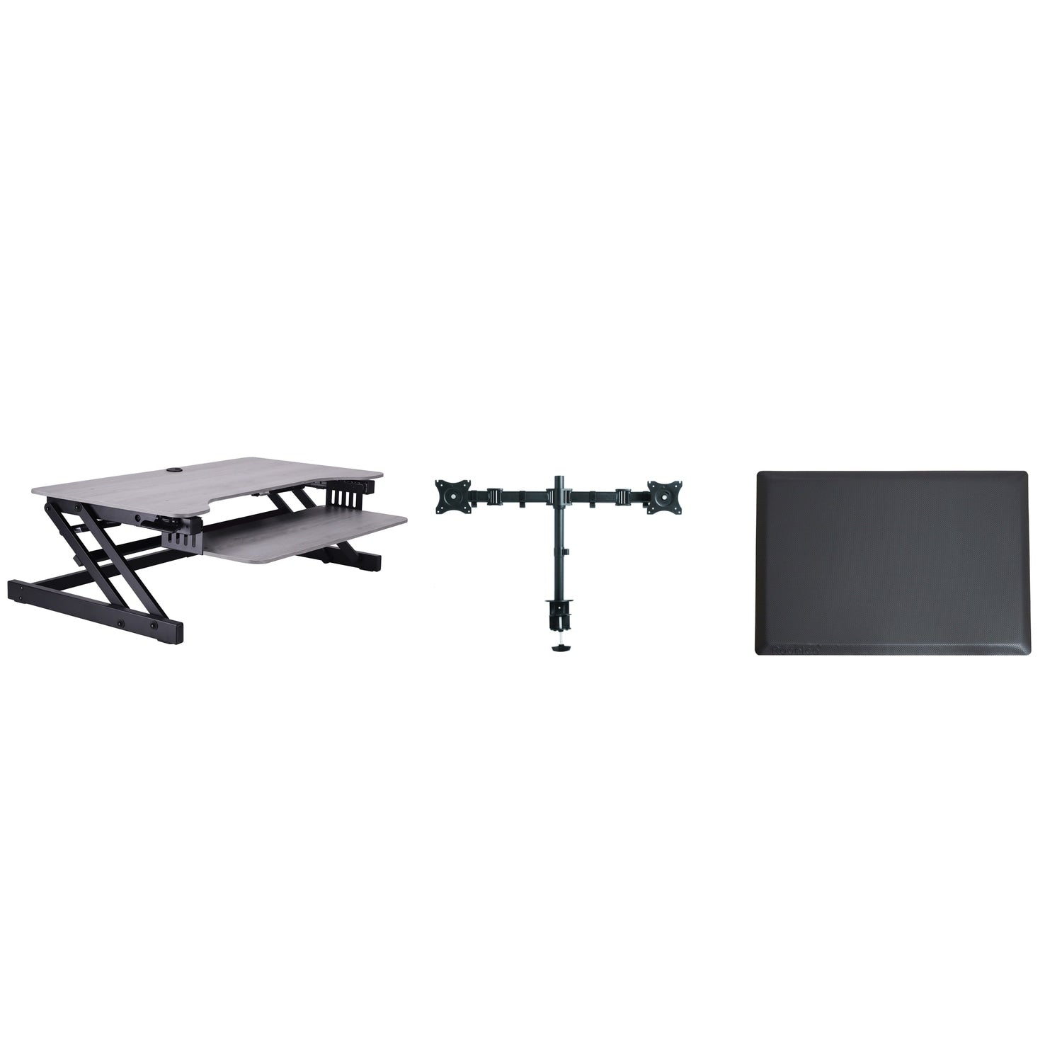 Rocelco 37.5 In. W Gray Height Adjustable Standing Desk Converter With Dual Monitor Mount Anti Fatigue Mat And Gray Finish