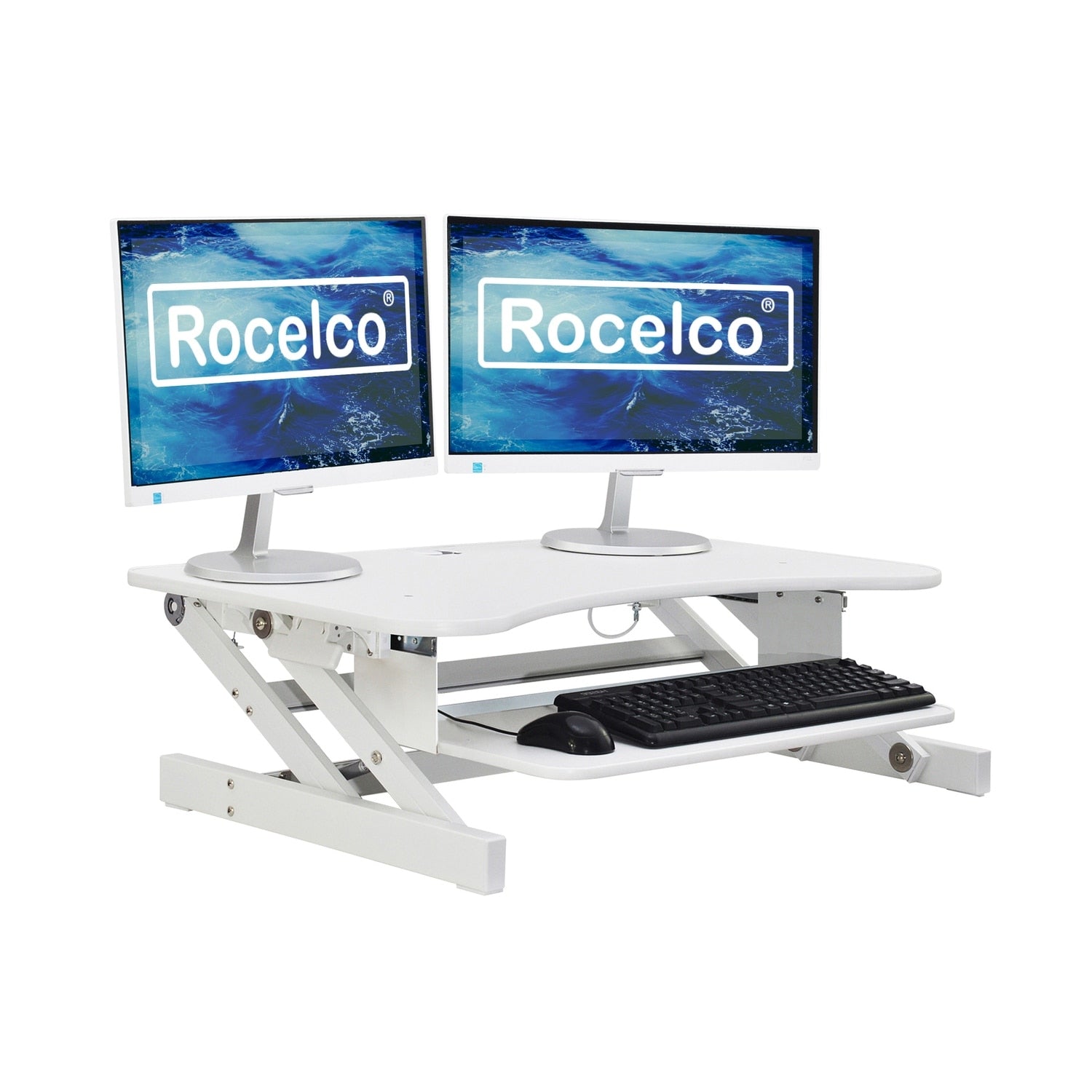 Rocelco 37.5 In. W White Deluxe Height Adjustable Standing Desk Converter Dual Monitor Riser With Gas Spring Assist System