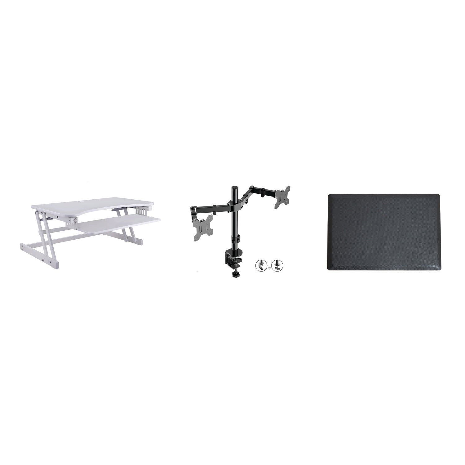 Rocelco 37.5 In. W White Height Adjustable Standing Desk Converter With Dual Monitor Mount And Anti Fatigue Mat Tray