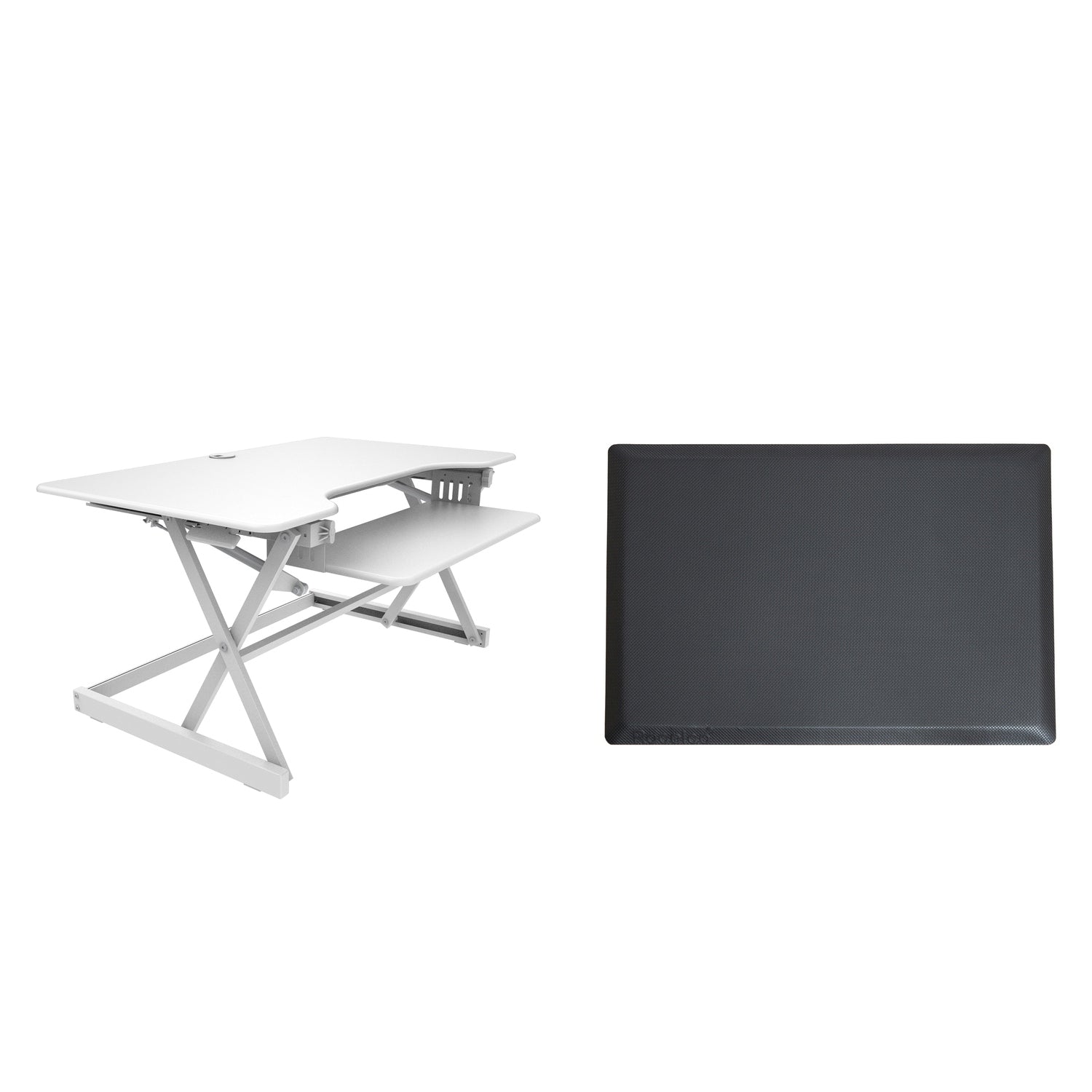 Rocelco 40 In. W White Height Adjustable Standing Desk Converter With Anti Fatigue Mat Computer Workstation Riser Keyboard Tray