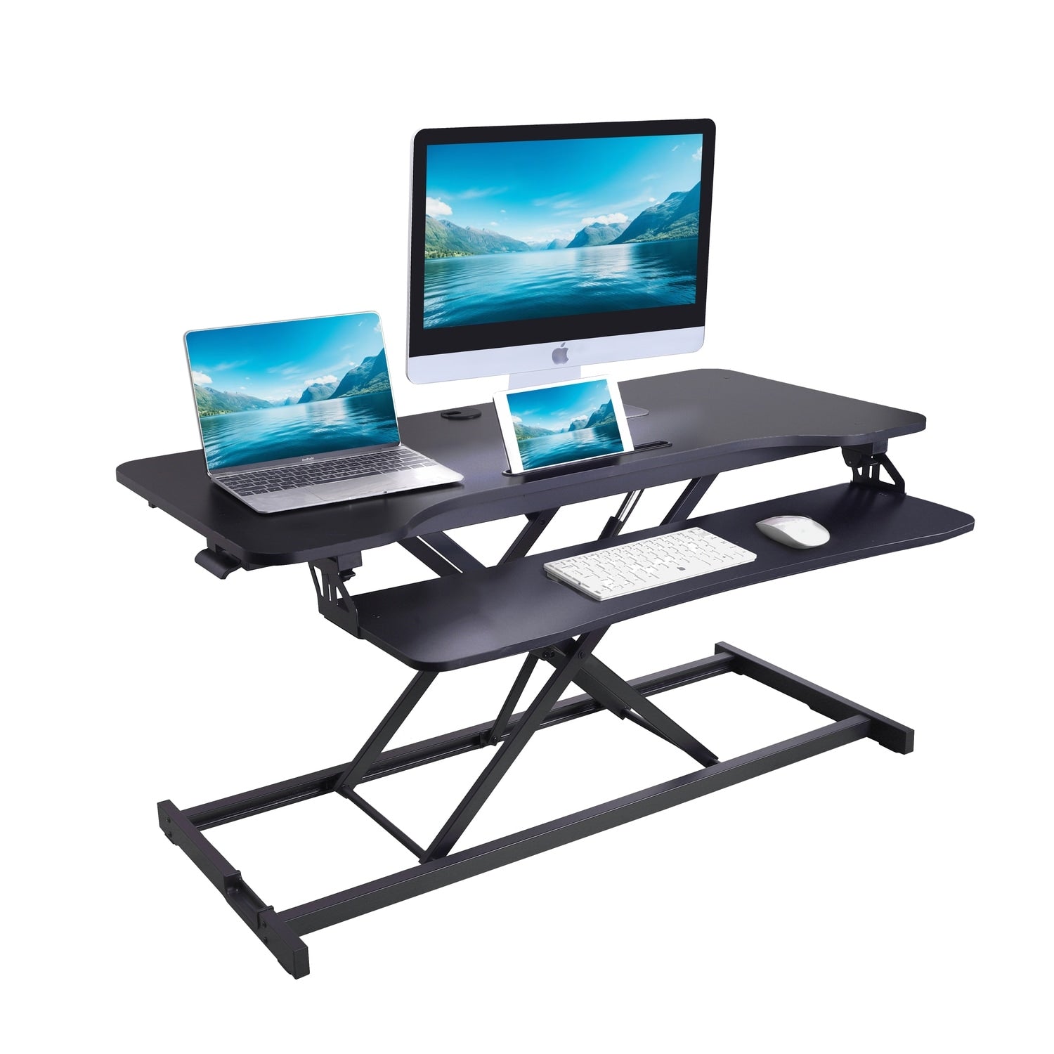 Rocelco 43 In. W Black Height Adjustable Standing Desk Converter Tall Riser With Tablet Slot And Deep Keyboard Tray Platform