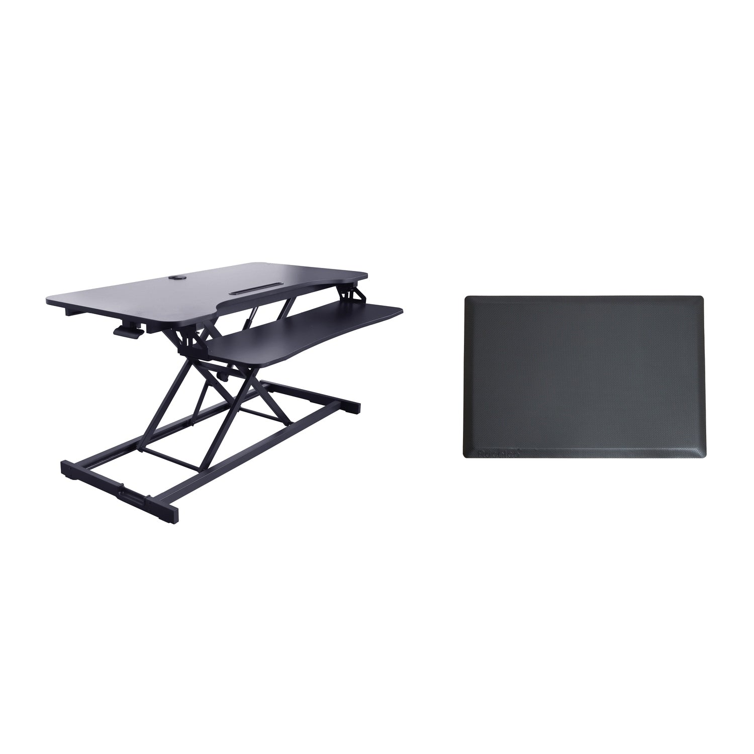 Rocelco 43 In. W Black Height Adjustable Standing Desk Converter With Anti Fatigue Floor Mat Tablet Slot And Deep Keyboard Tray