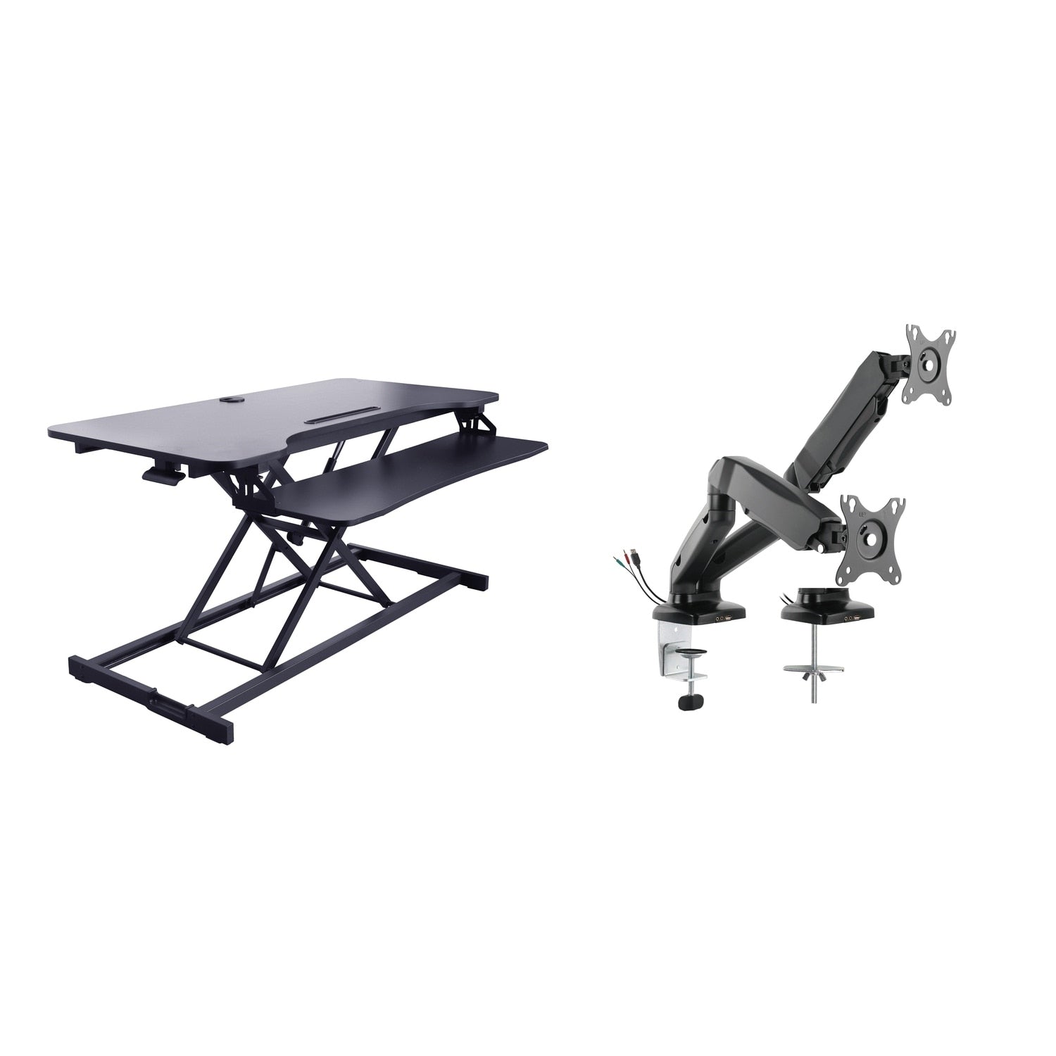 Rocelco 43 In. W Black Height Adjustable Standing Desk Converter With Dual Monitor Stand Up Riser And Tablet Slot Platform