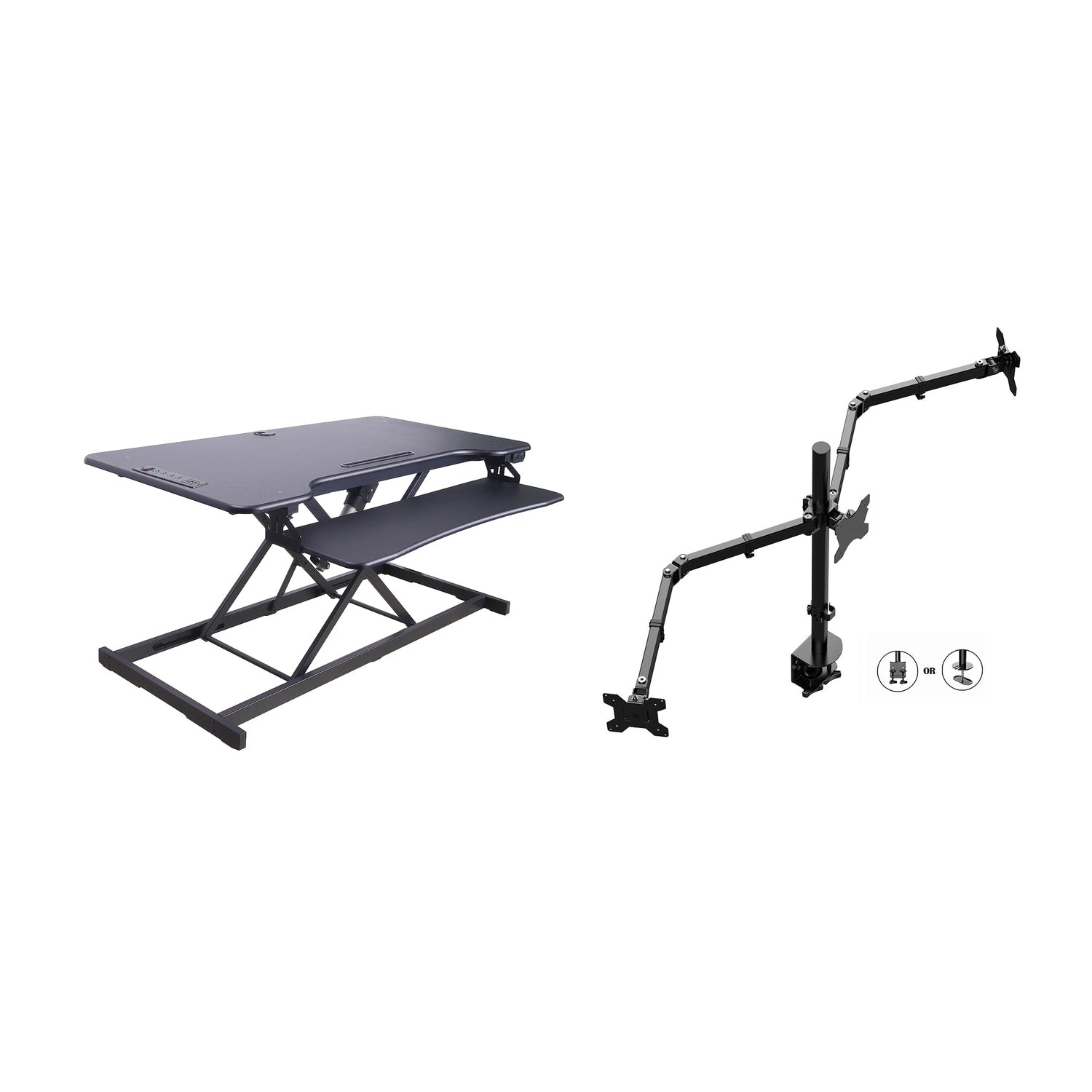Rocelco 46 In. W Balck Electric Standing Desk Converter With Ac Outlet Usb Charger Triple Monitor Arm Mount And Keyboard Tray