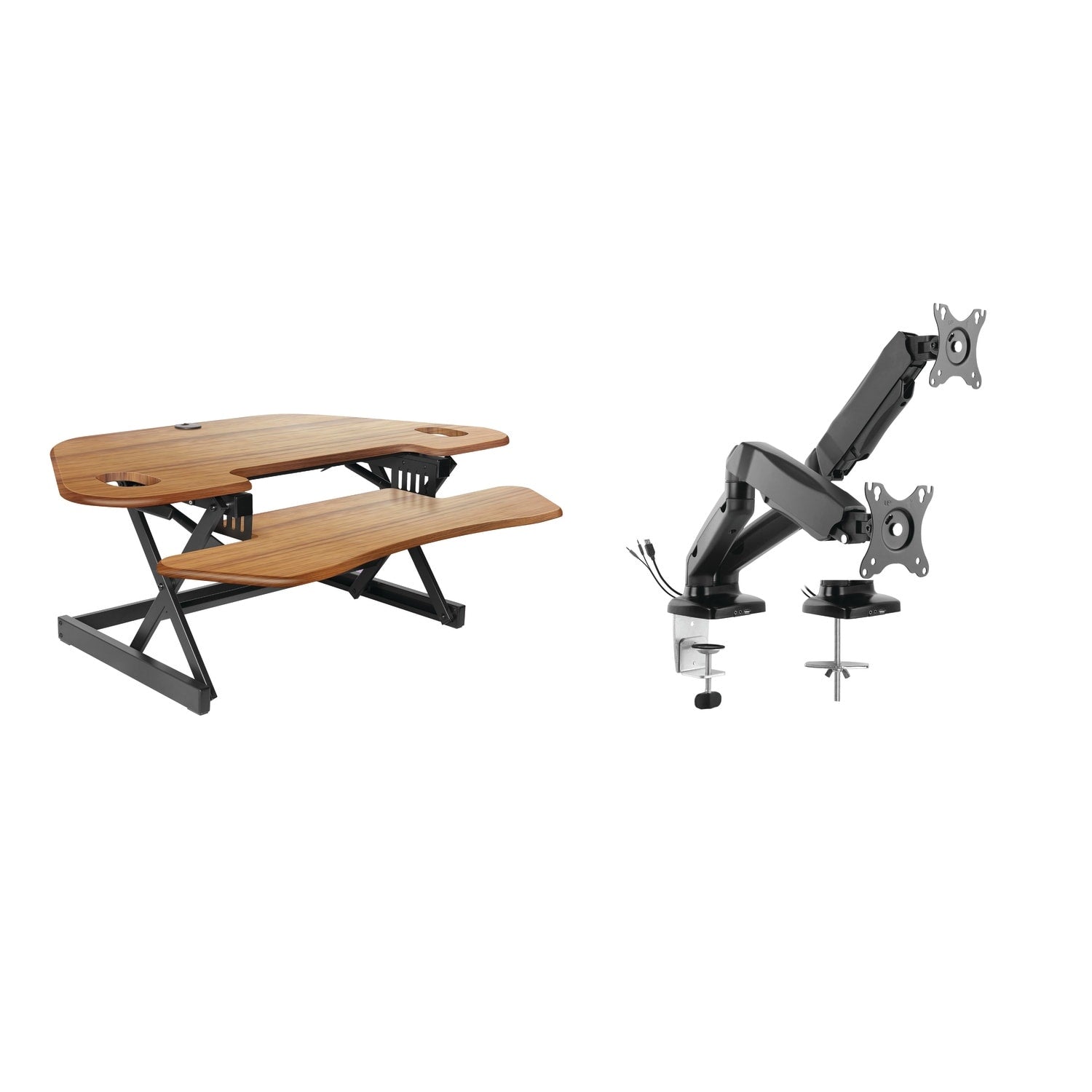 Rocelco 46 In. W Beige Height Adjustable Corner Standing Desk Converter With Dual Monitor Arm Mount And Extra Keyboard Tray