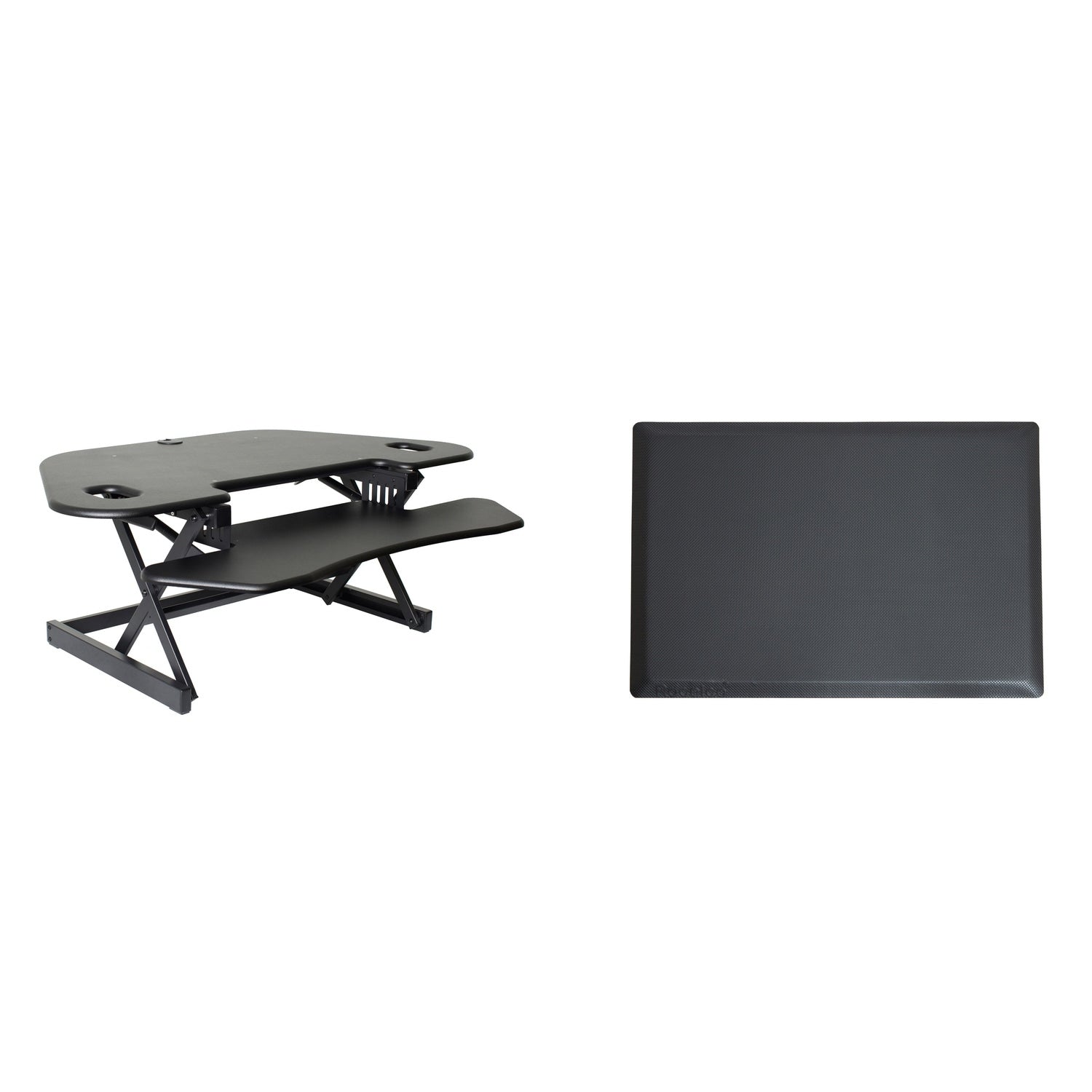 Rocelco 46 In. W Black Height Adjustable Corner Standing Desk Converter With Anti Fatigue Mat And Dual Monitor Riser Platform