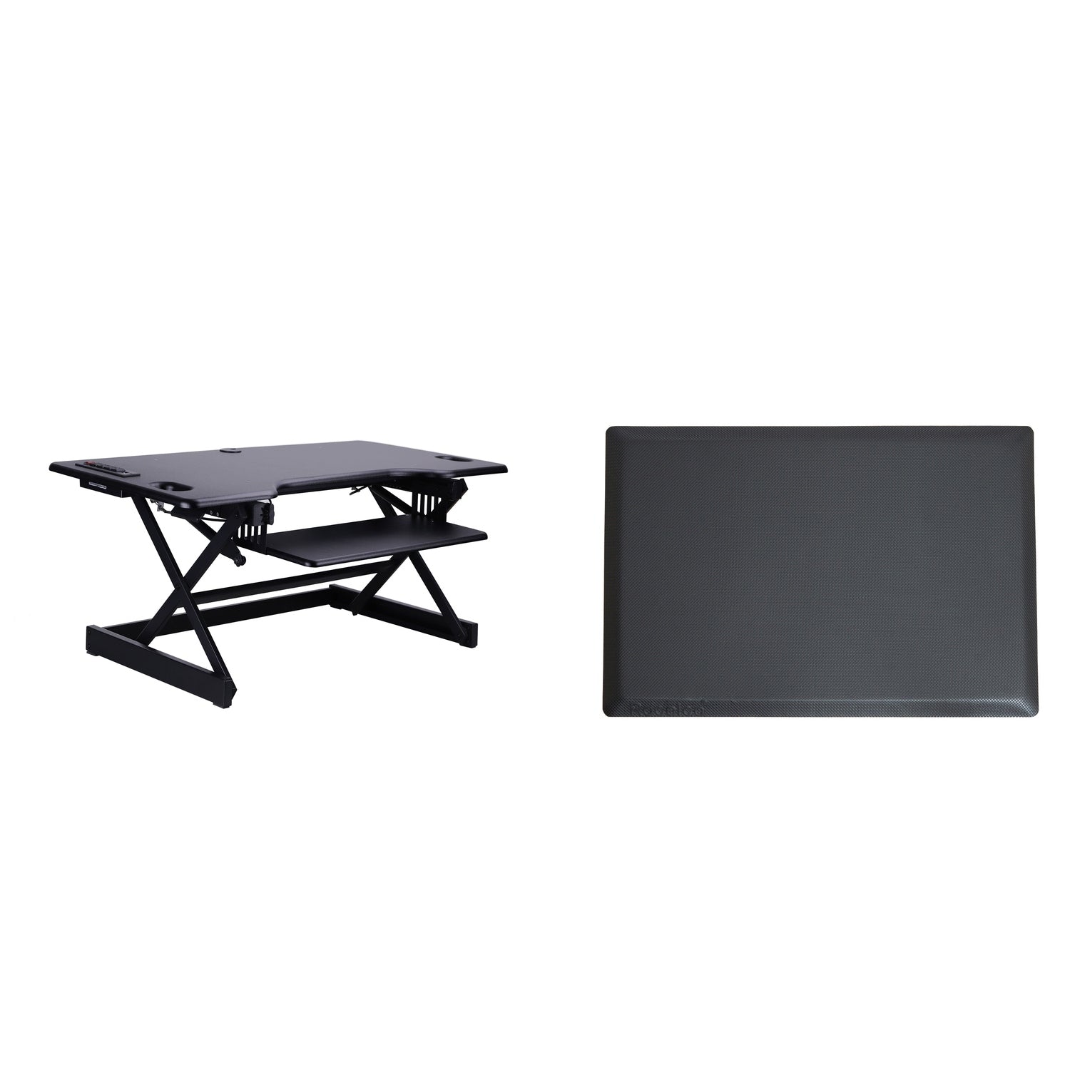 Rocelco 46 In. W Black Height Adjustable Standing Desk Converter With Ac Usb Charger Anti Fatigue Mat And Triple Screen Riser