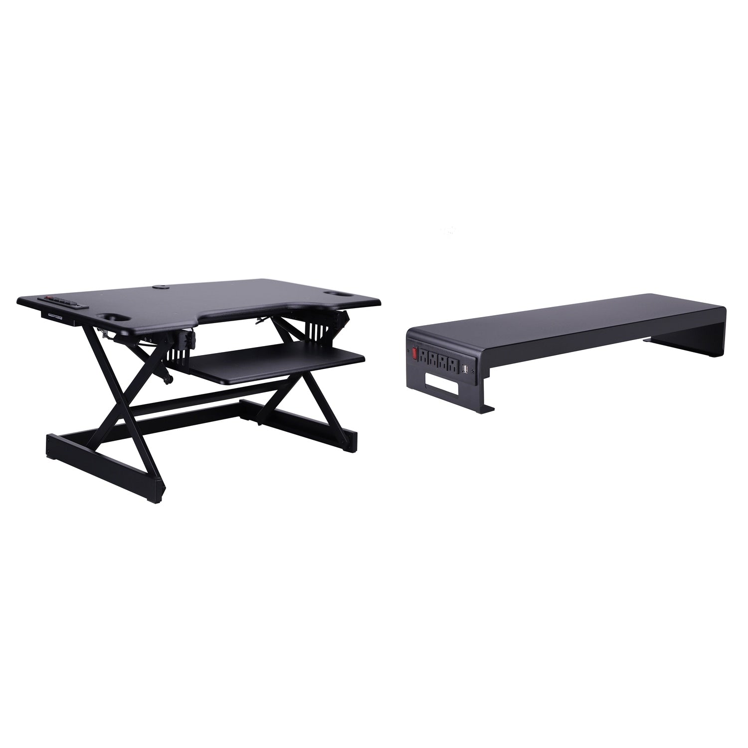 Rocelco 46 In. W Black Standing Desk Converter With Ac Usb Charger Dual Monitor Stand Three Screen Riser And Keyboard Tray