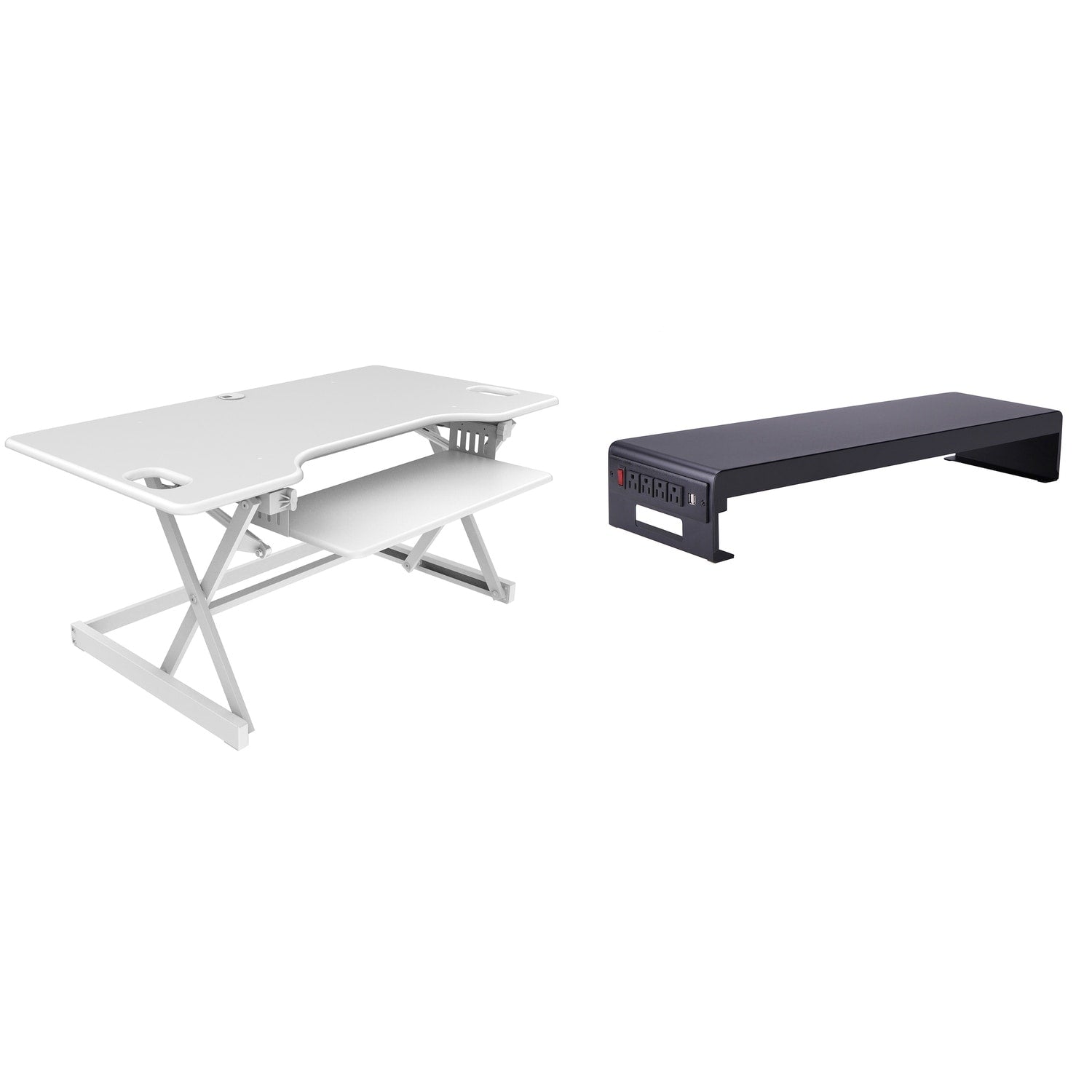 Rocelco 46 In. W White Height Adjustable Standing Desk Converter With Double Monitor Mount Stand And Deep Keyboard Tray
