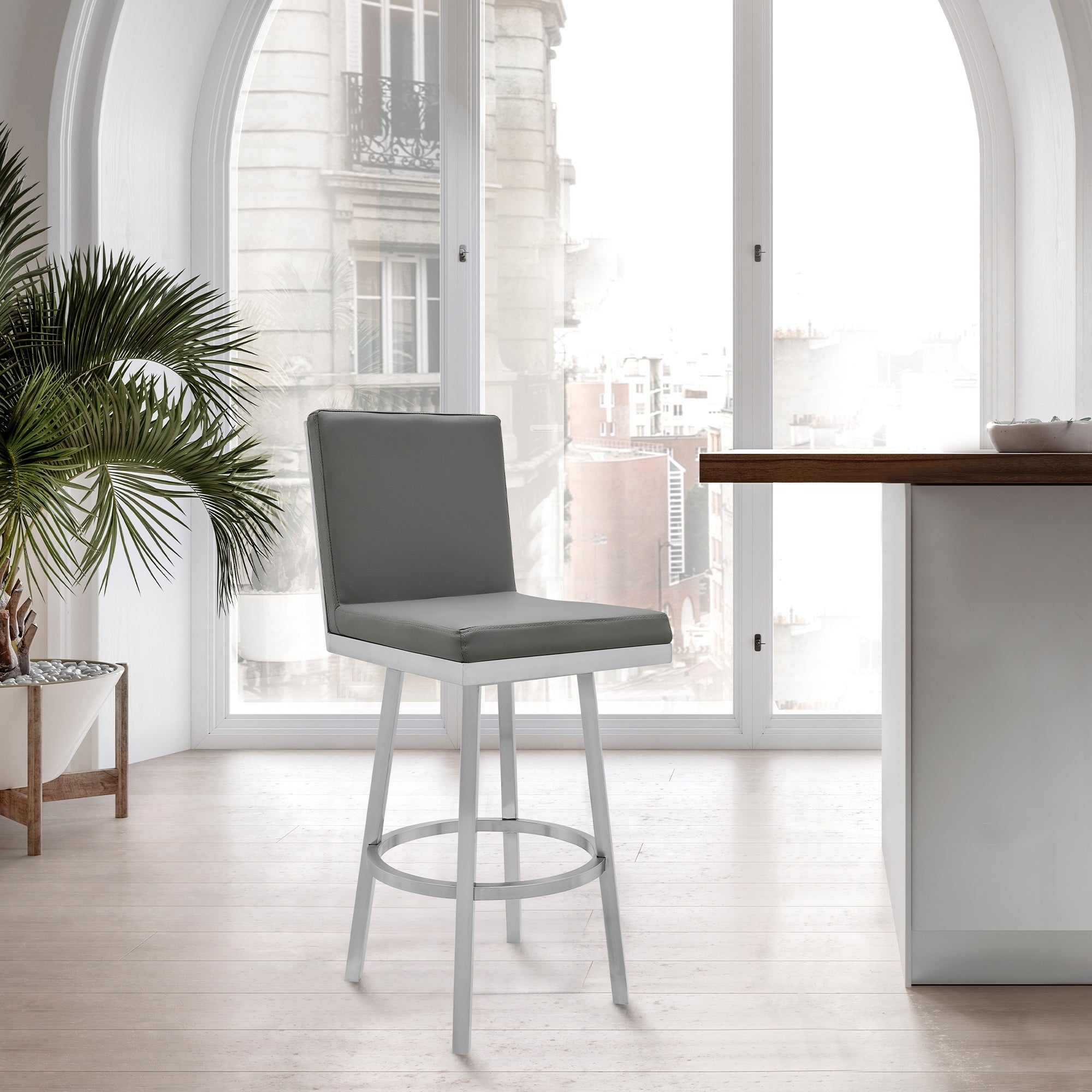 Rochester Swivel Modern Metal And Grey Faux Leather Bar And Counter Stool