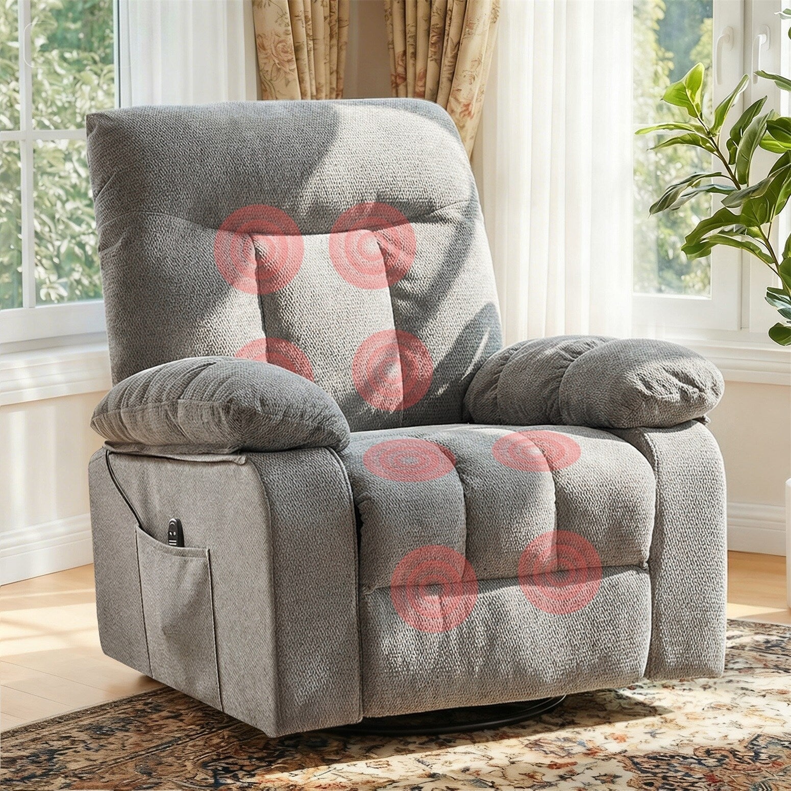 Rocker Recliner Chair Swivel Recliner With Vibration Massage 270 Rotating Chenille Fabric Recliner For Living Room