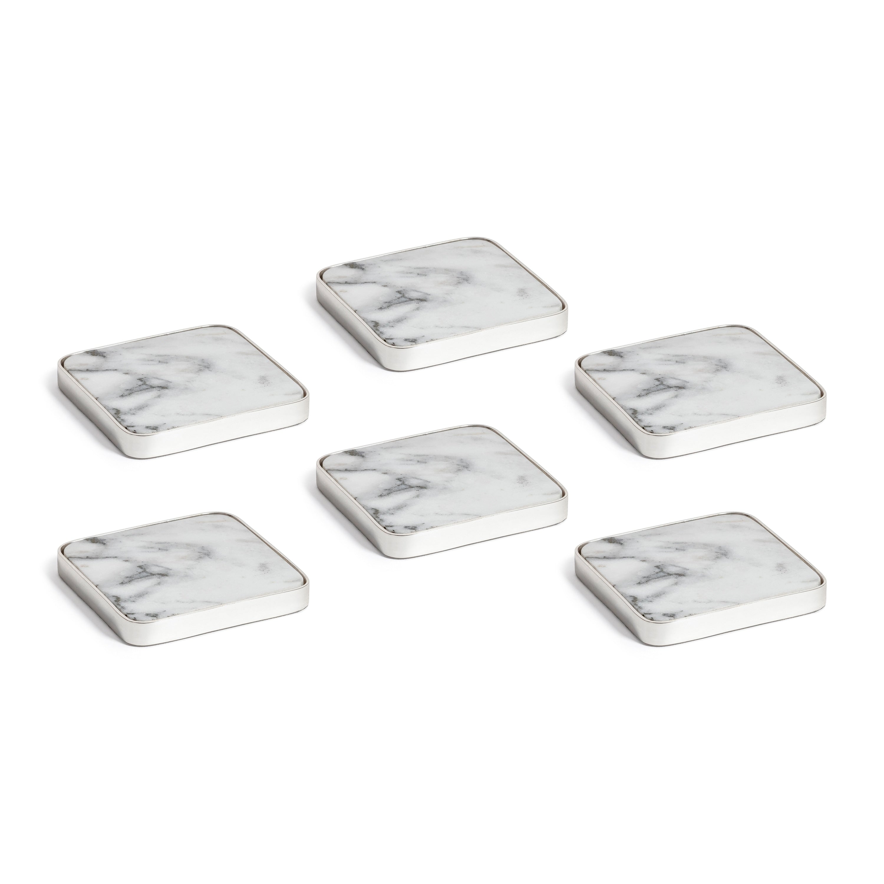 Roku Silver Border Marble Drink Coasters Set Of 6