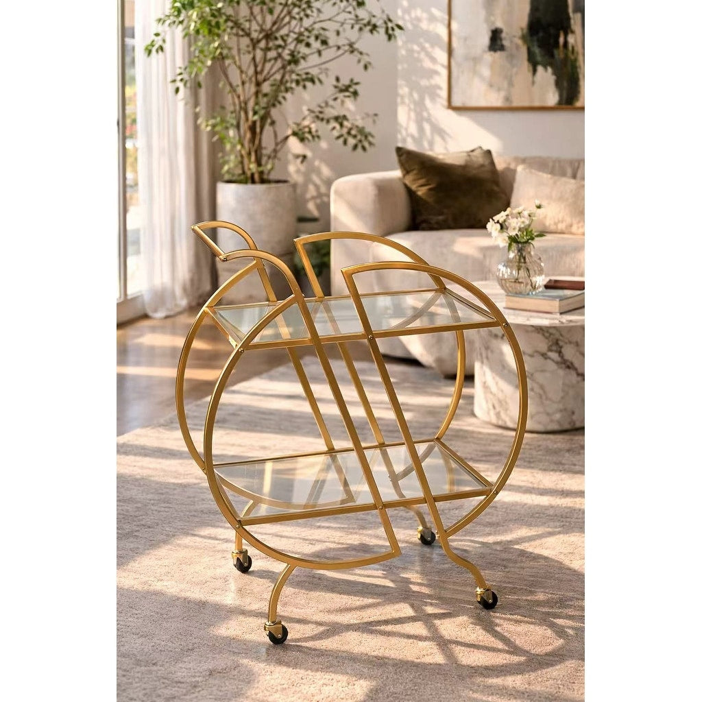 Rolling Bar Cart Gold With Lockable Caster Wheels Glass Bar Carts With 2 Mirrored Shelves Storage Round Wine Carts