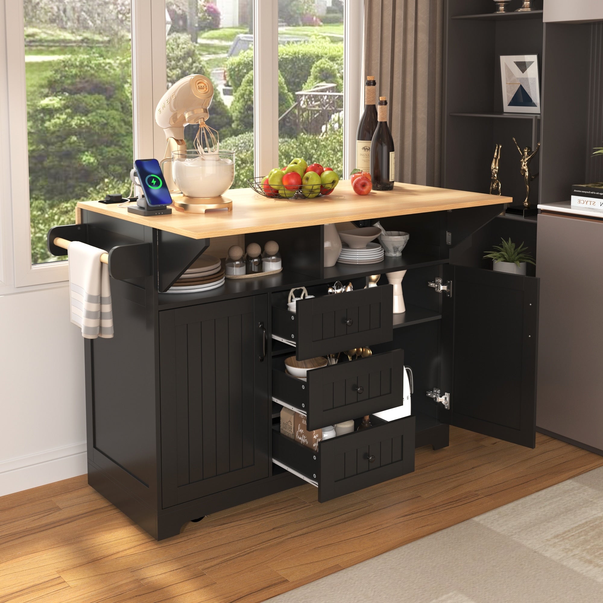 Rolling Kitchen Cart On 5 Wheels With Power Outlet Folding Storage Dining Table Kitchen Island With 3 Drawers