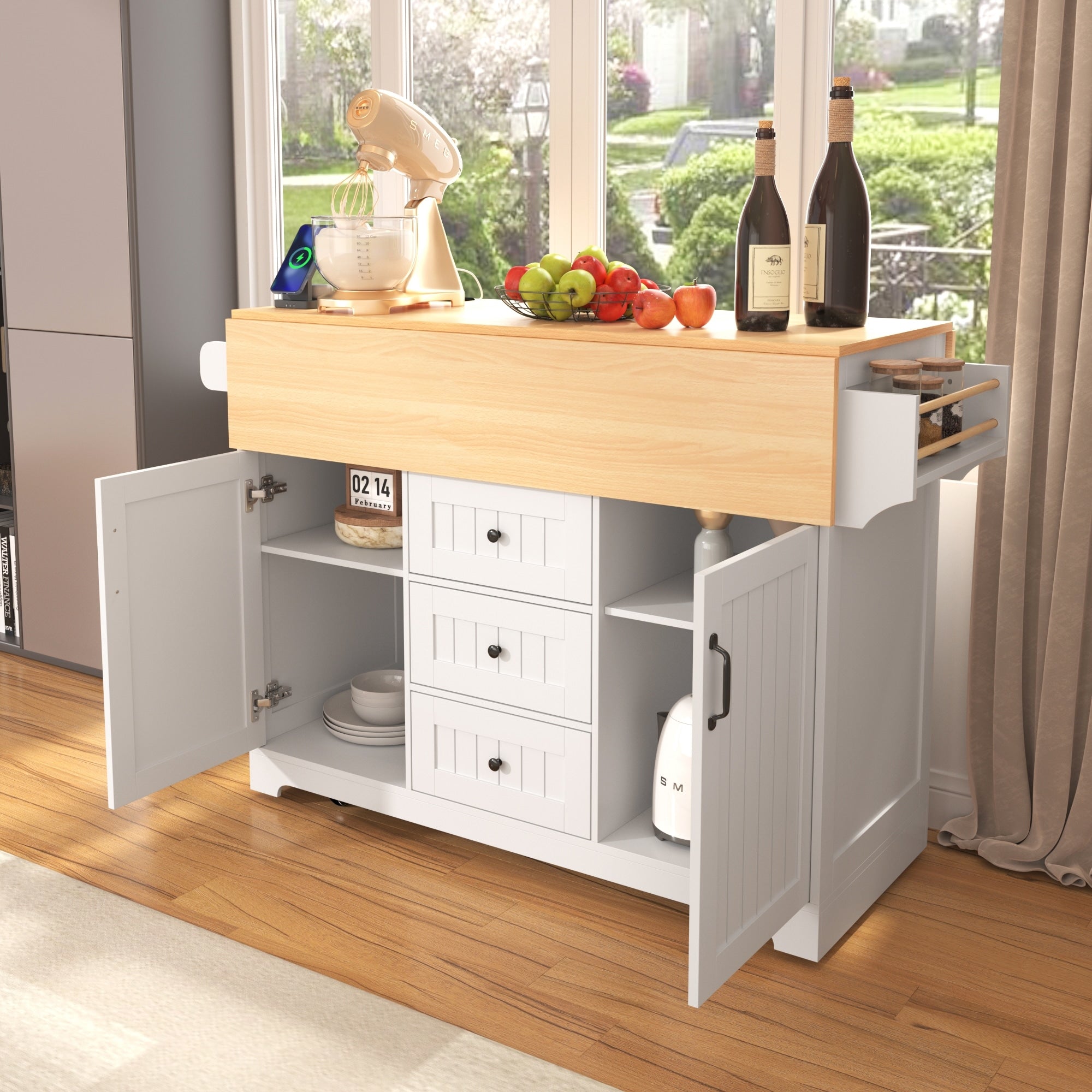 Rolling Kitchen Cart On 5 Wheels With Power Outlet White Folding Storage Dining Table Kitchen Island With 3 Drawers