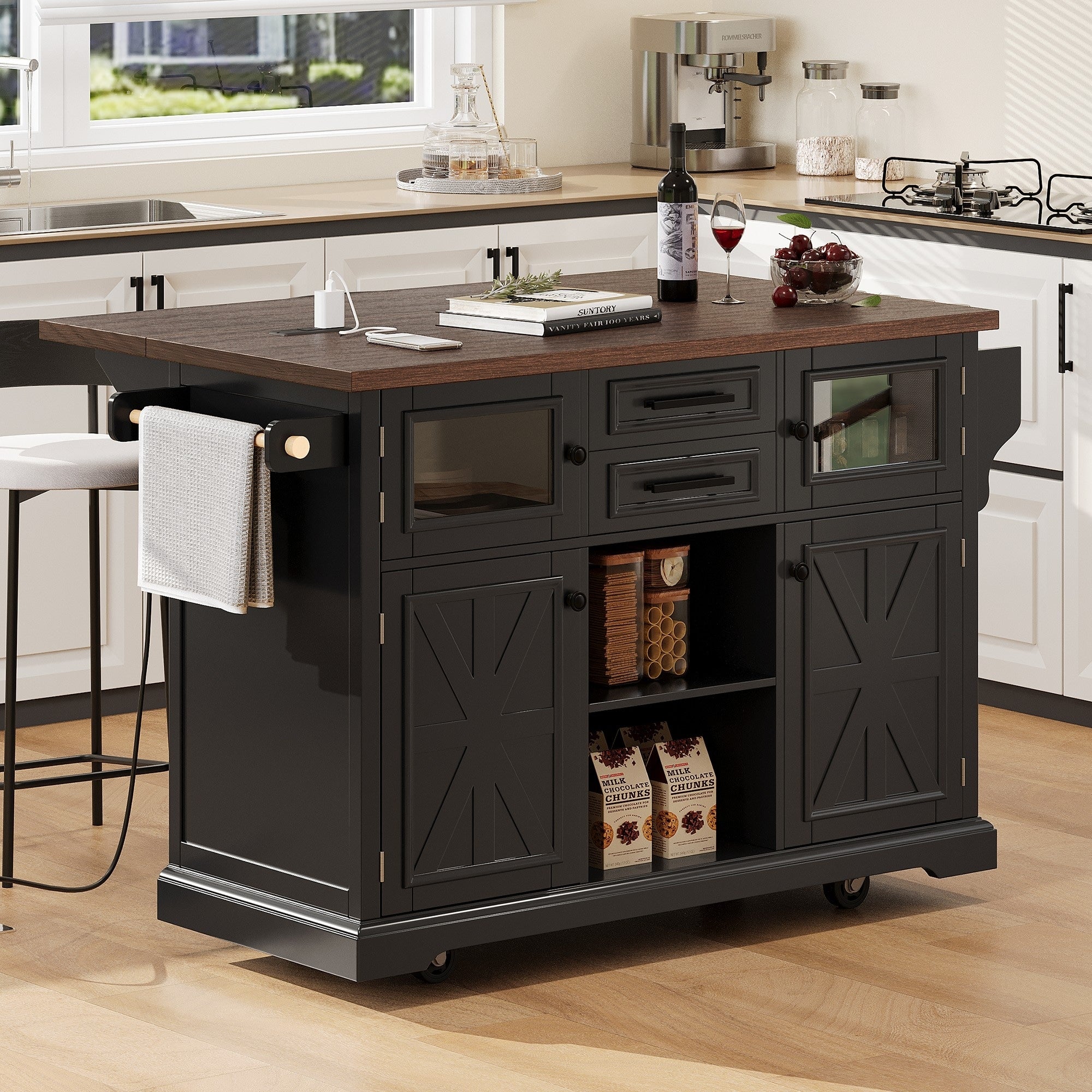 Rolling Kitchen Cart With 2 Drawers Charging Station Rustic Kitchen Island With Drop Leaf 4 Wheels