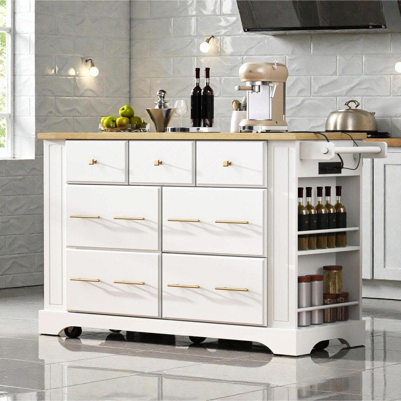 Rolling Kitchen Island With 6 Drawers Pull Out Trash Can Storage Drop Leaf Power Outlet Side Racks