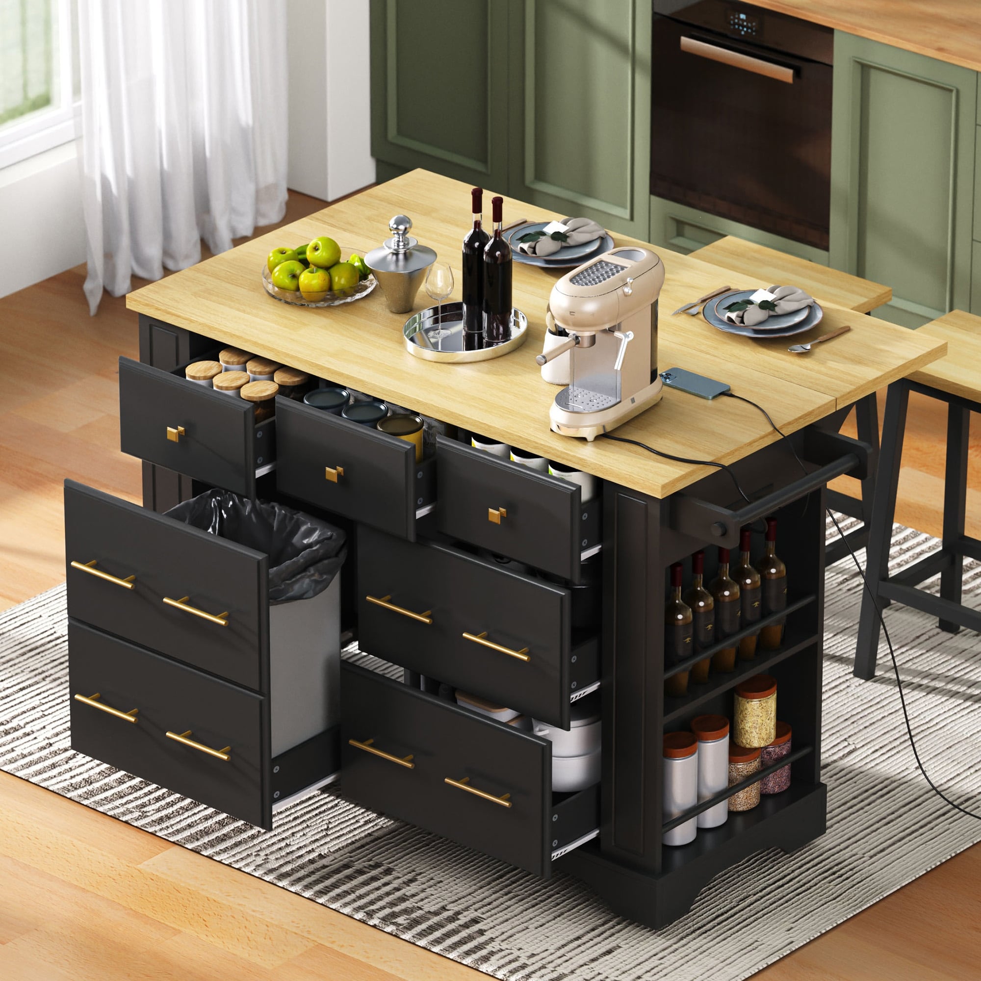 Rolling Kitchen Island With Drop Leaf 6 Drawers 5 Wheels Pull Out Trash Can Storage Power Outlet 5 Open Side Racks