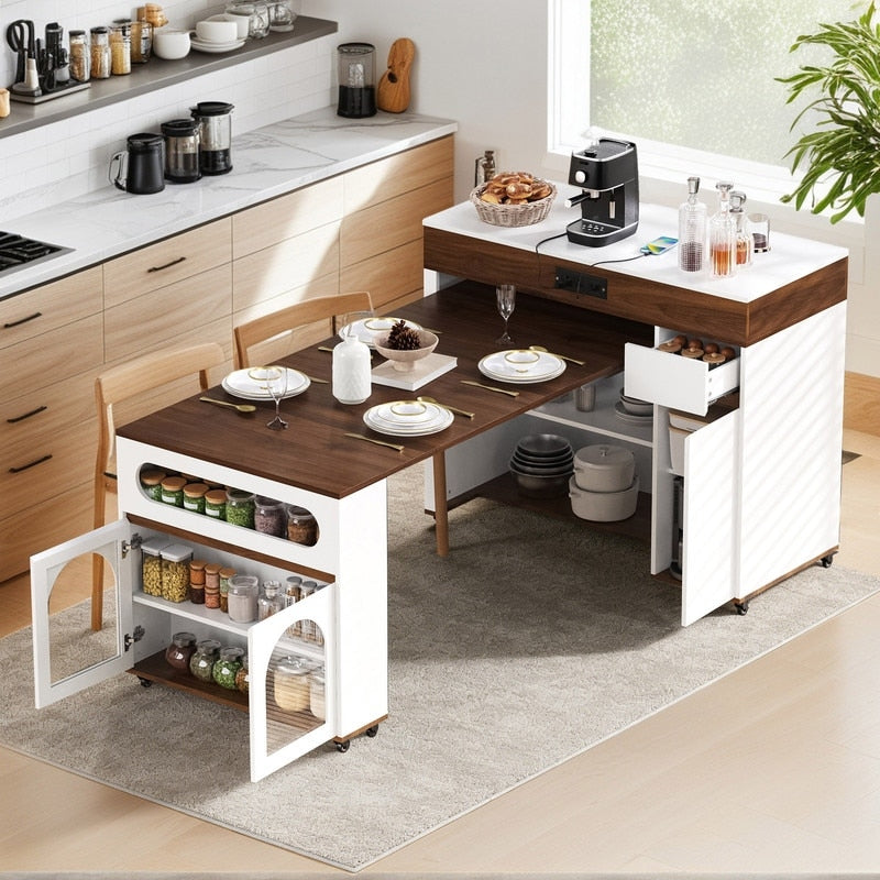 Rolling Kitchen Island With Extendable Table Drawers Power Outlet And Brake Lock Storage Cabinet