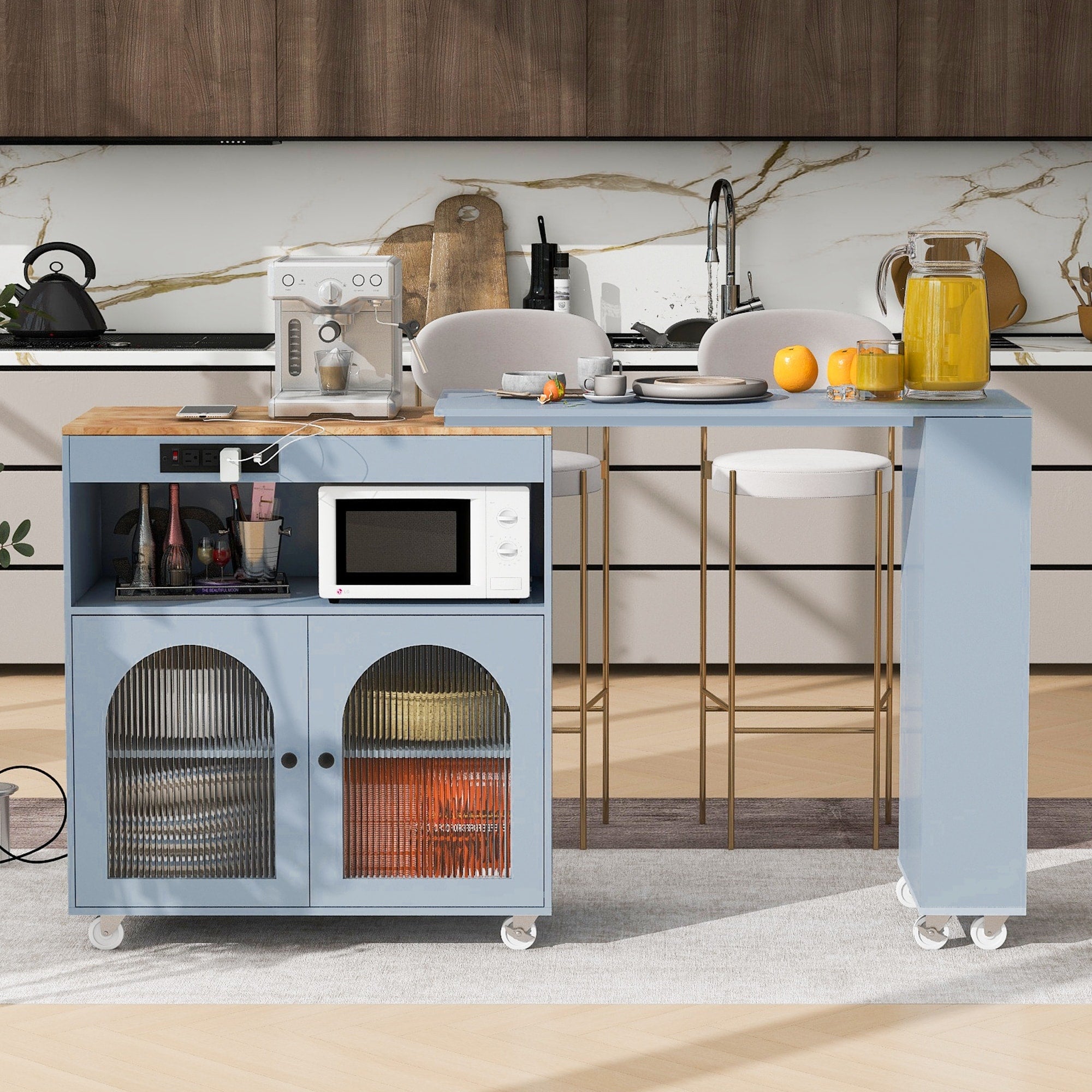 Rolling Kitchen Island With Extended Table Wheels Led Lights Power Outlets 2 Fluted Glass Doors 3 Open Shelves