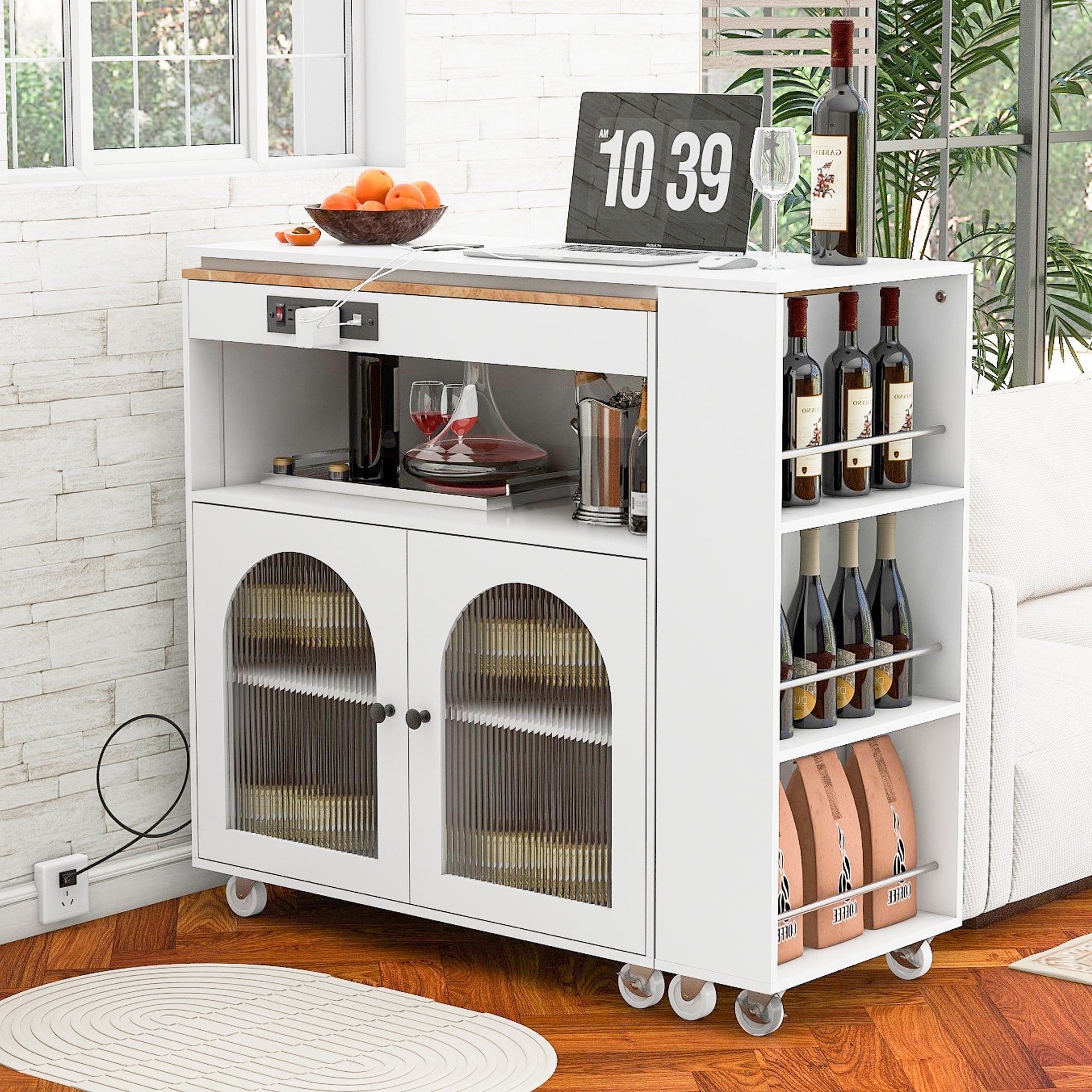 Rolling Kitchen Island With Extended Table White Rustic Kitchen Cart With Power Outlets 3 Open Shelves