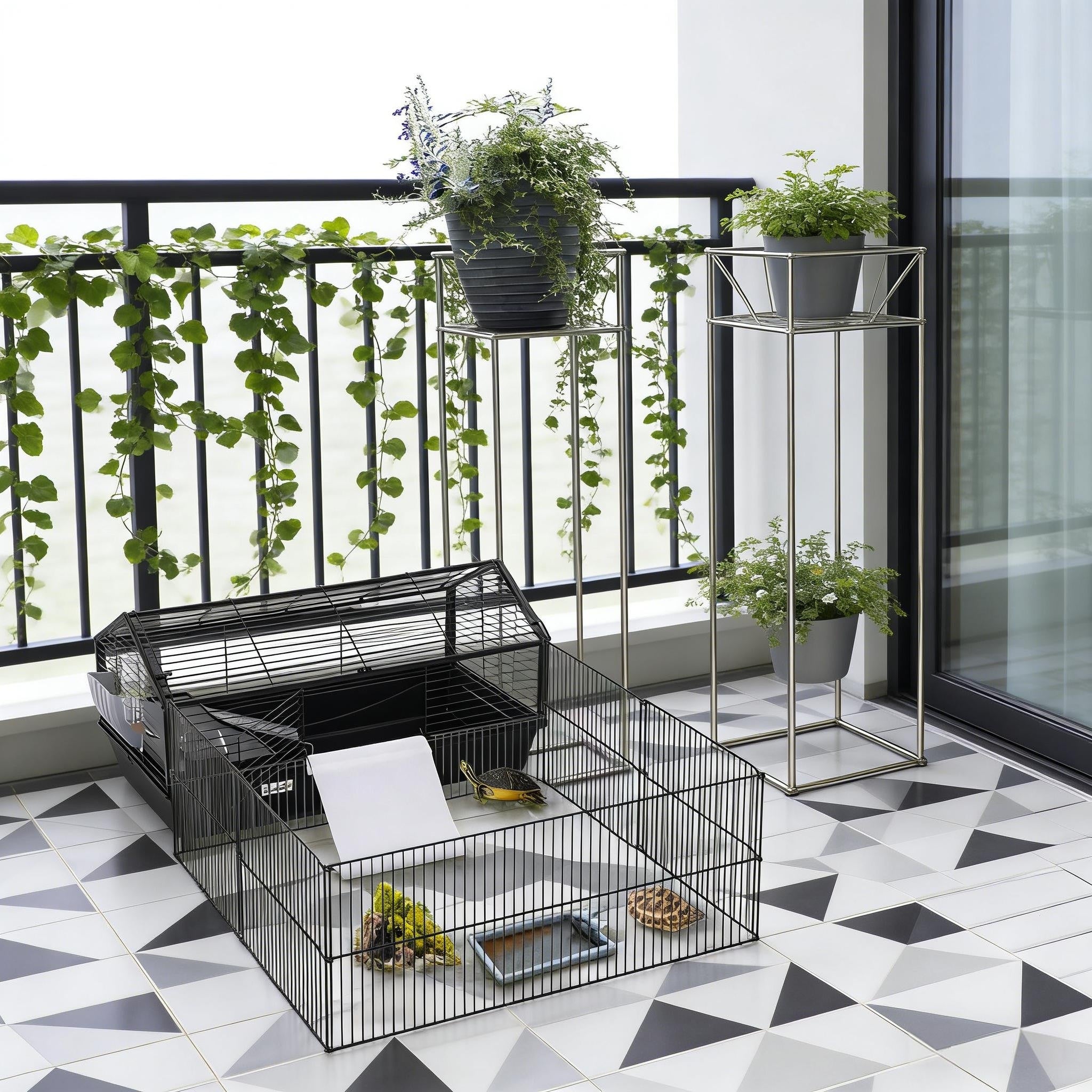Rolling Metal Small Animal Hutch Cage Small Pet Hutch Spacious Pet House Is Designed For Convenient Cleaning Black