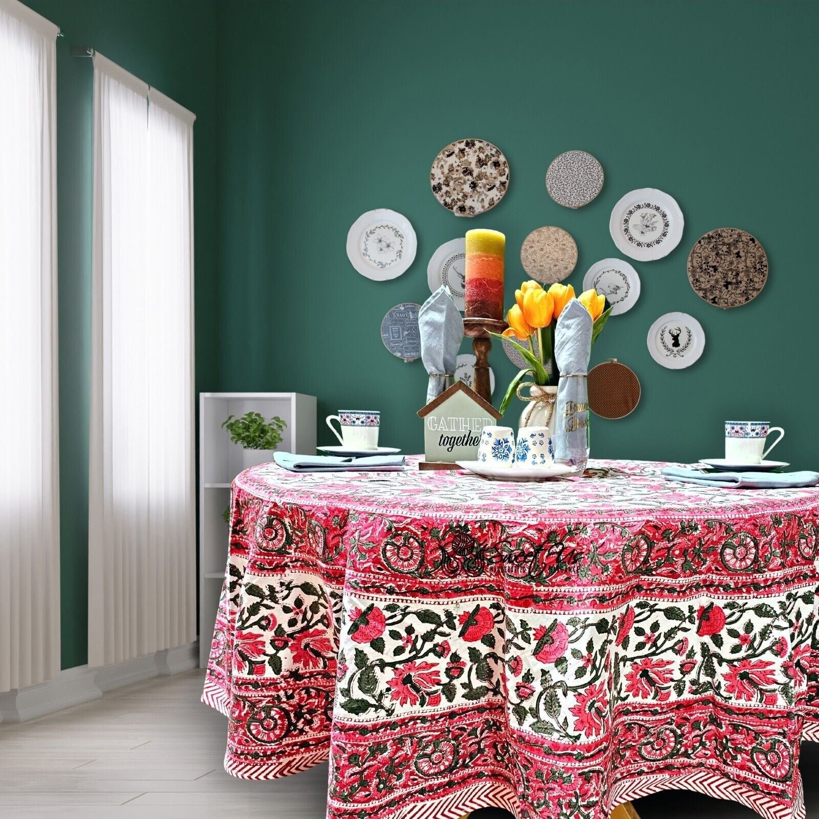 Cotton Lotus Flower Block Print Round Tablecloth Rectangular Square Runner Table Linen Red