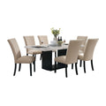 Ronda 7Pc Dining Table Set With Marble Top Beige Fabric Chairs White
