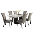 Ronda 7Pc Dining Table Set With Marble Top Gray Fabric Chairs White