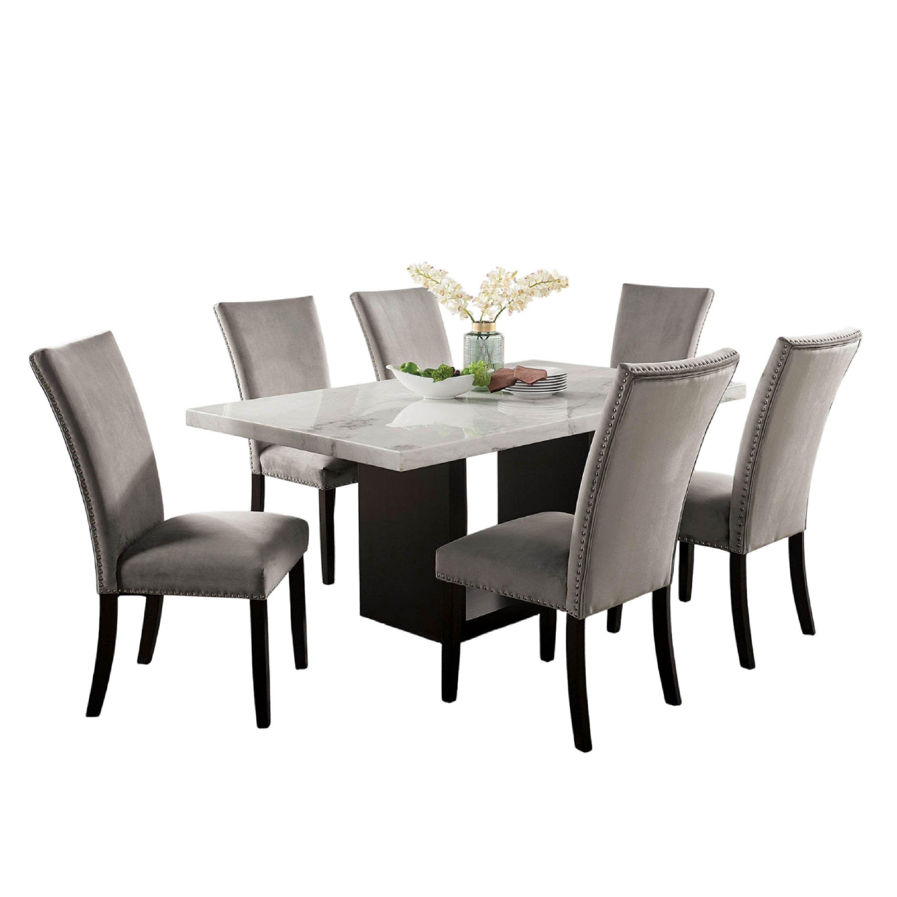 Ronda 7Pc Dining Table Set With Marble Top Gray Fabric Chairs White