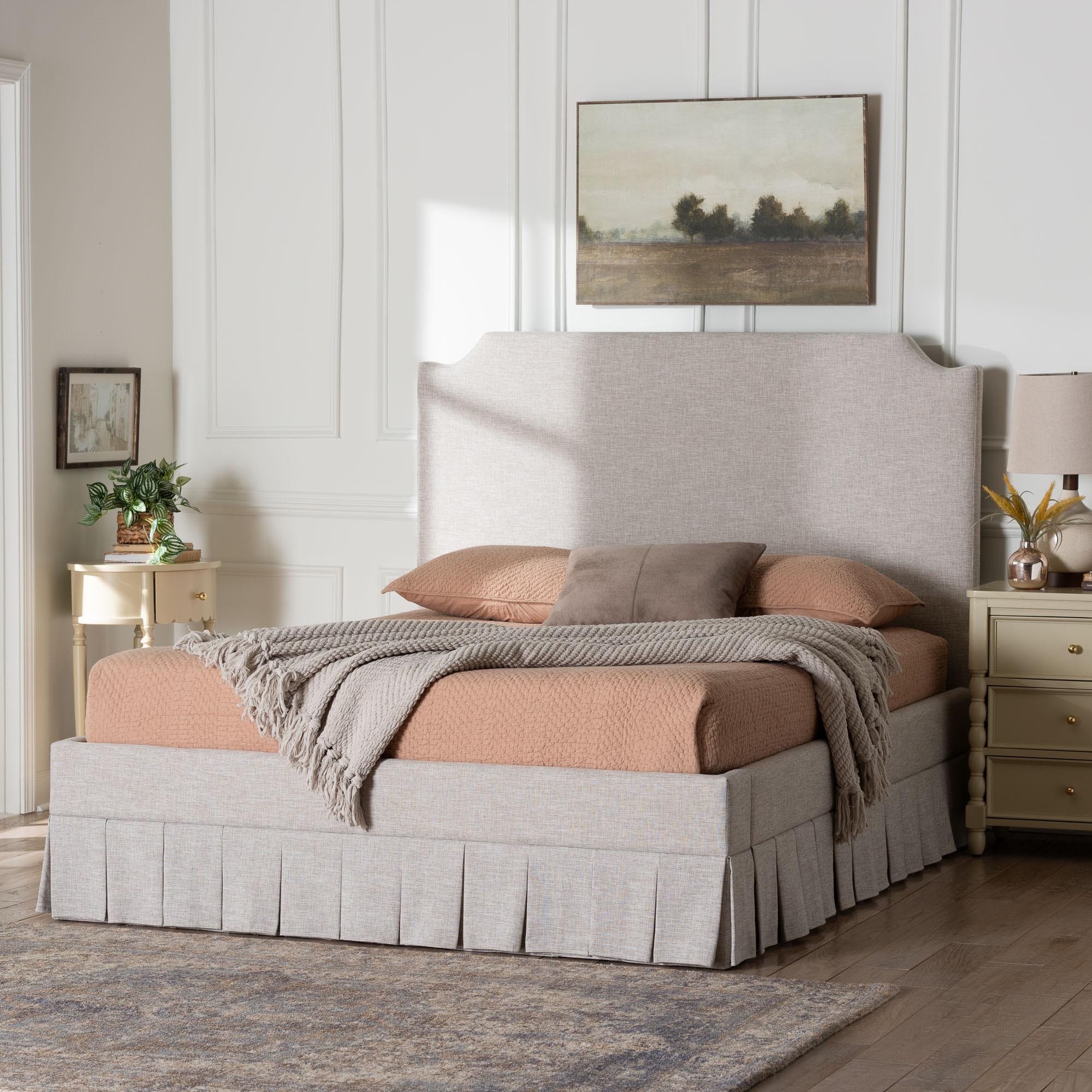 Ronelyn Platform Bed With Pleated Skirt Fabric Upholstered Bed Frame With Panel Headboard