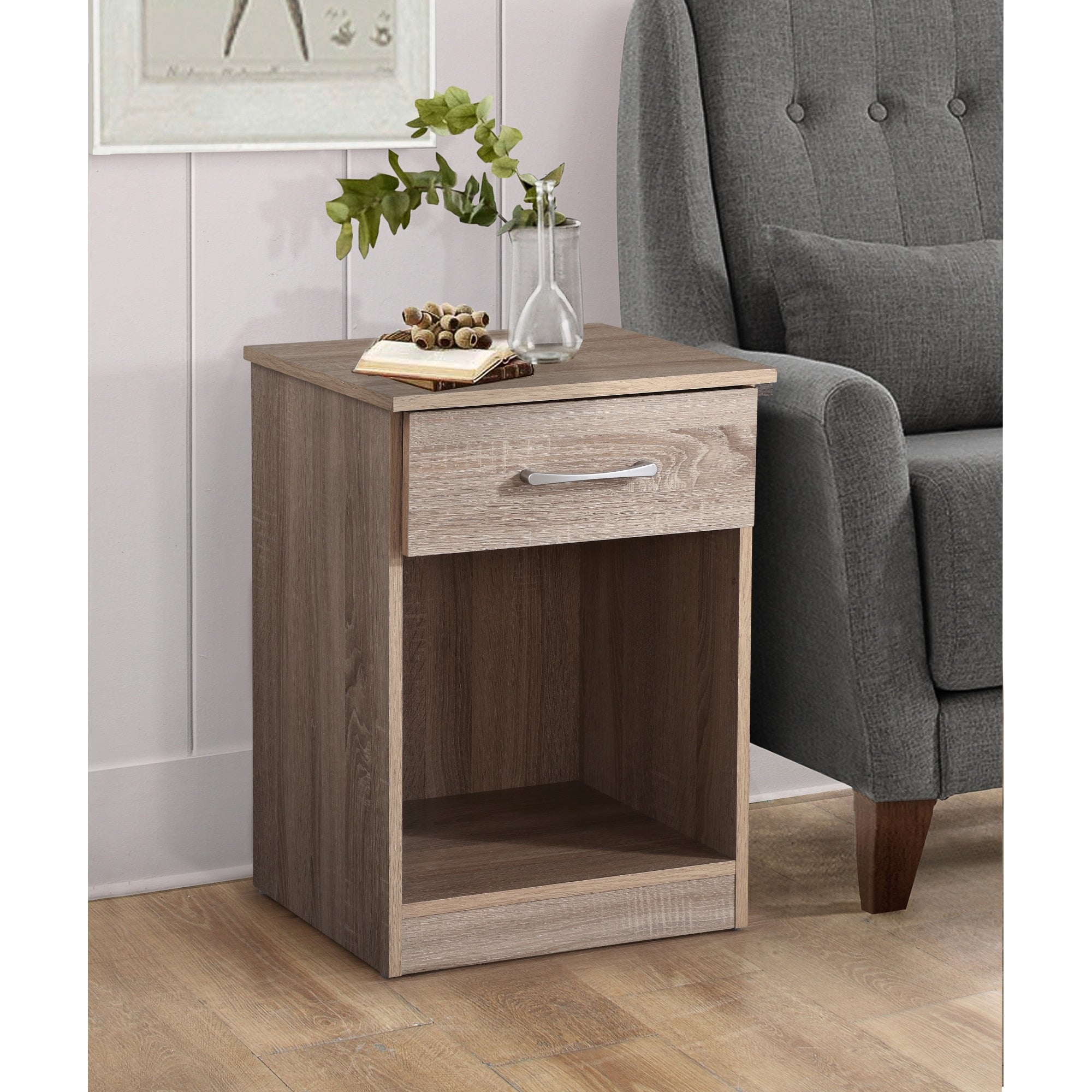 Roomfitters 1 Drawer Nightstand Charming Sandalwood Wood Grain Open Cubby Modern Casual Bedroom End Table