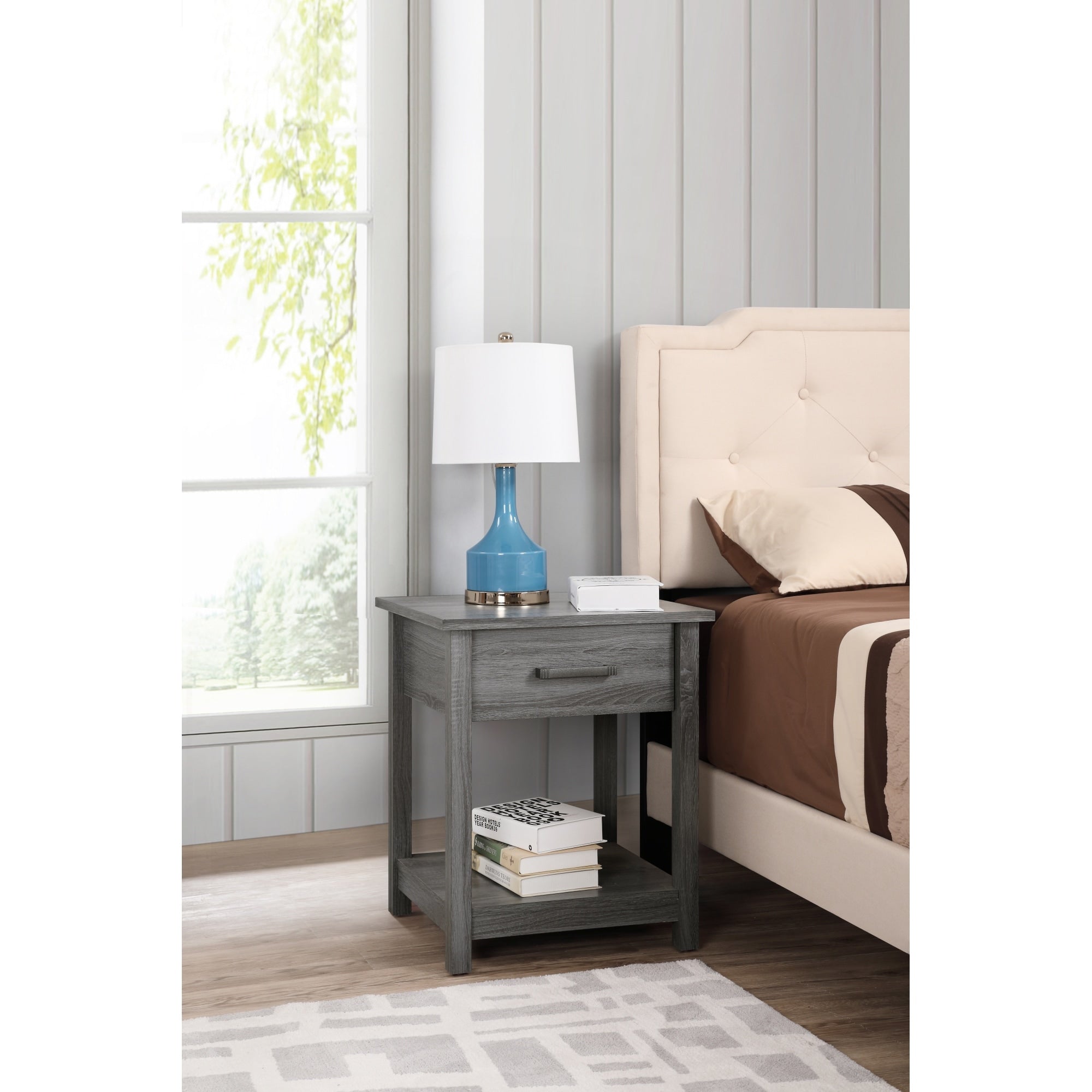 Roomfitters 1 Drawer Nightstand Chic Wood Grain Open Storage Shelf Contemporary Modern Bedroom End Table