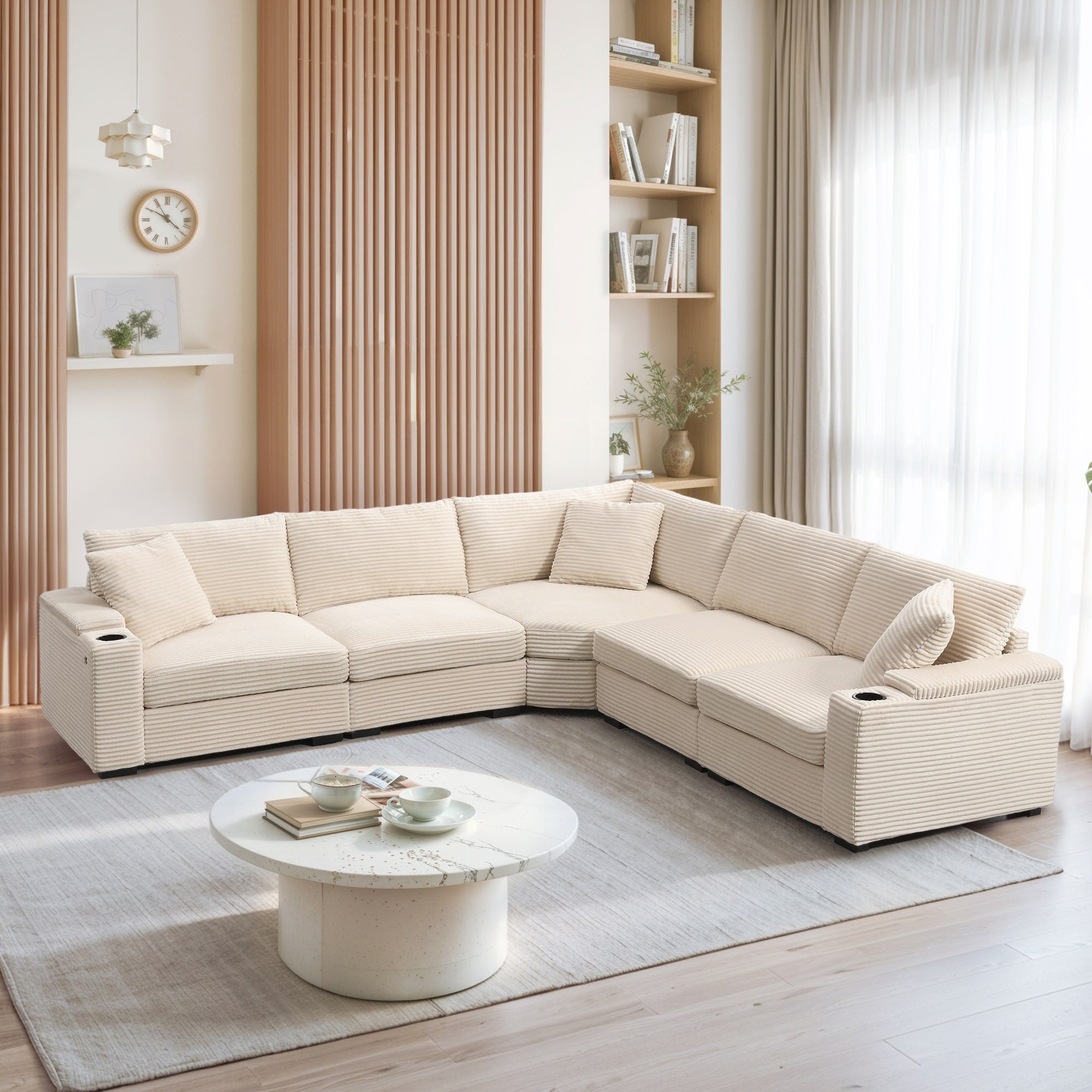 Roomfitters 104 Inch Modern L Shaped Sectional Sofa With Cup Holders Comfortable Corduroy Upholstered Corner Couch