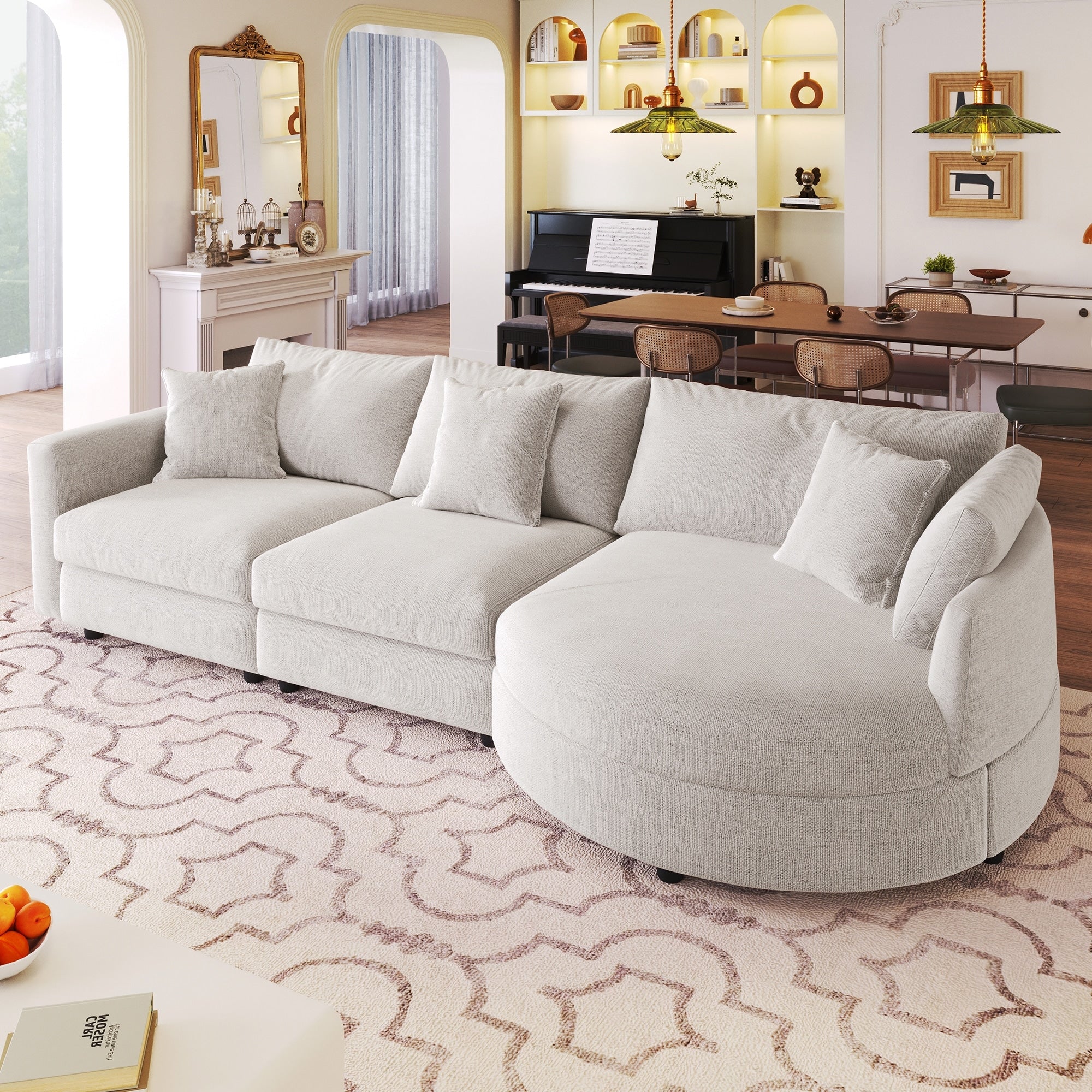 Roomfitters 107 Chenille Fabric 3 Piece Sectional Sofa Modern Large L Shaped Couch With Rounded Curved Chaise