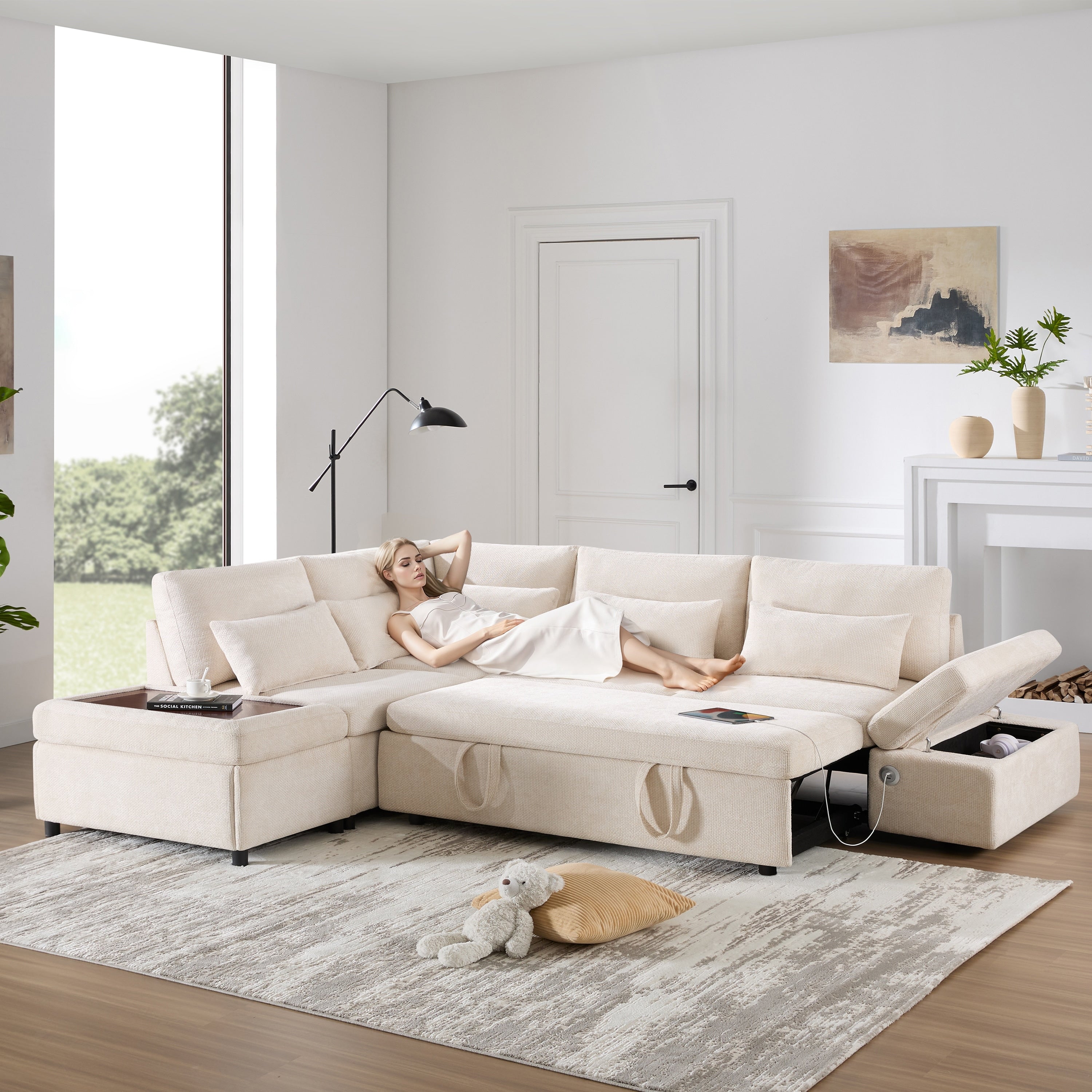 Roomfitters 107 L Shaped Sleeper Sectional Sofa Bed With Pull Out Couch Usb Type C Storage Ottoman